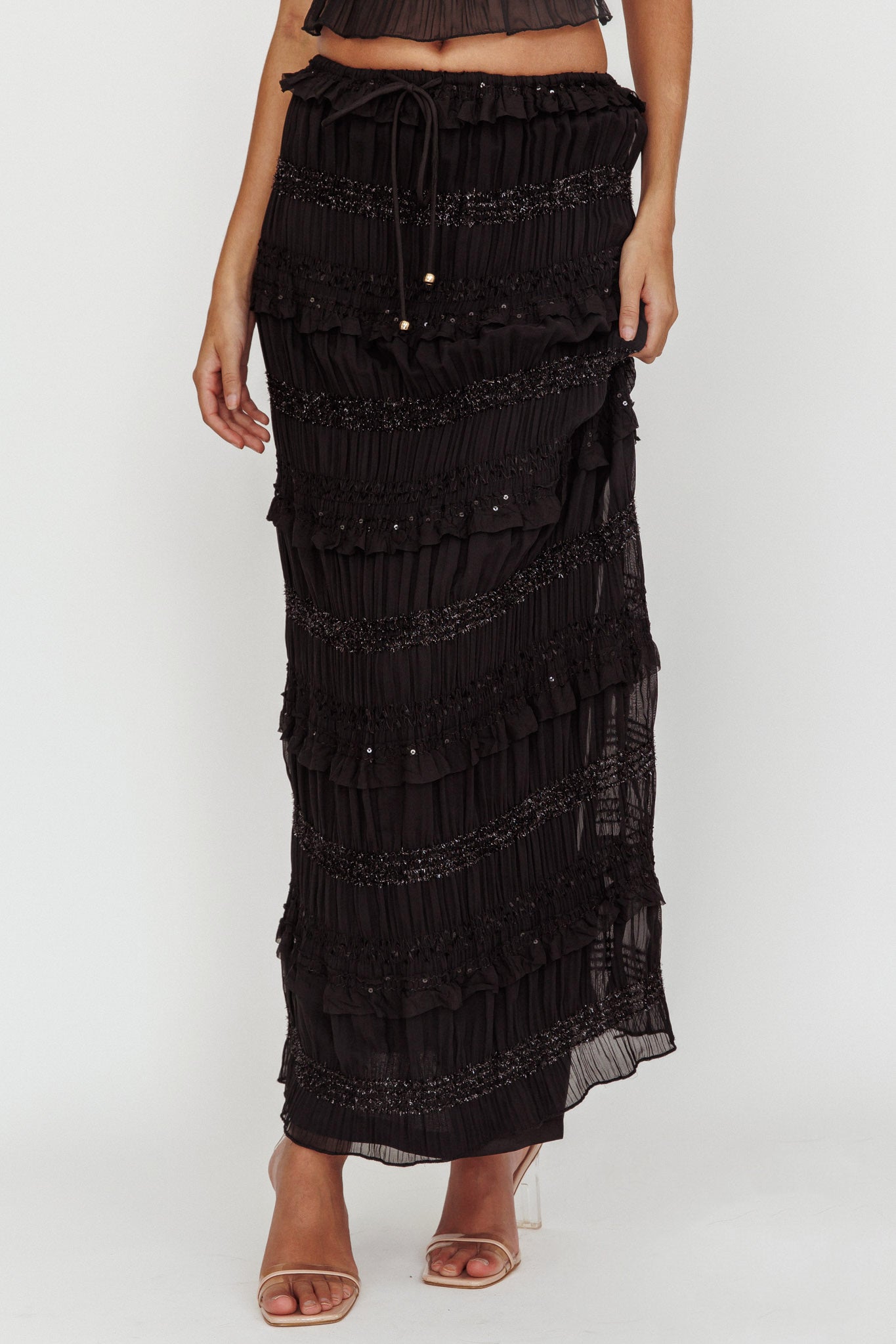 Helios Shirred Sequin Maxi Skirt Black by Selfie Leslie Australia