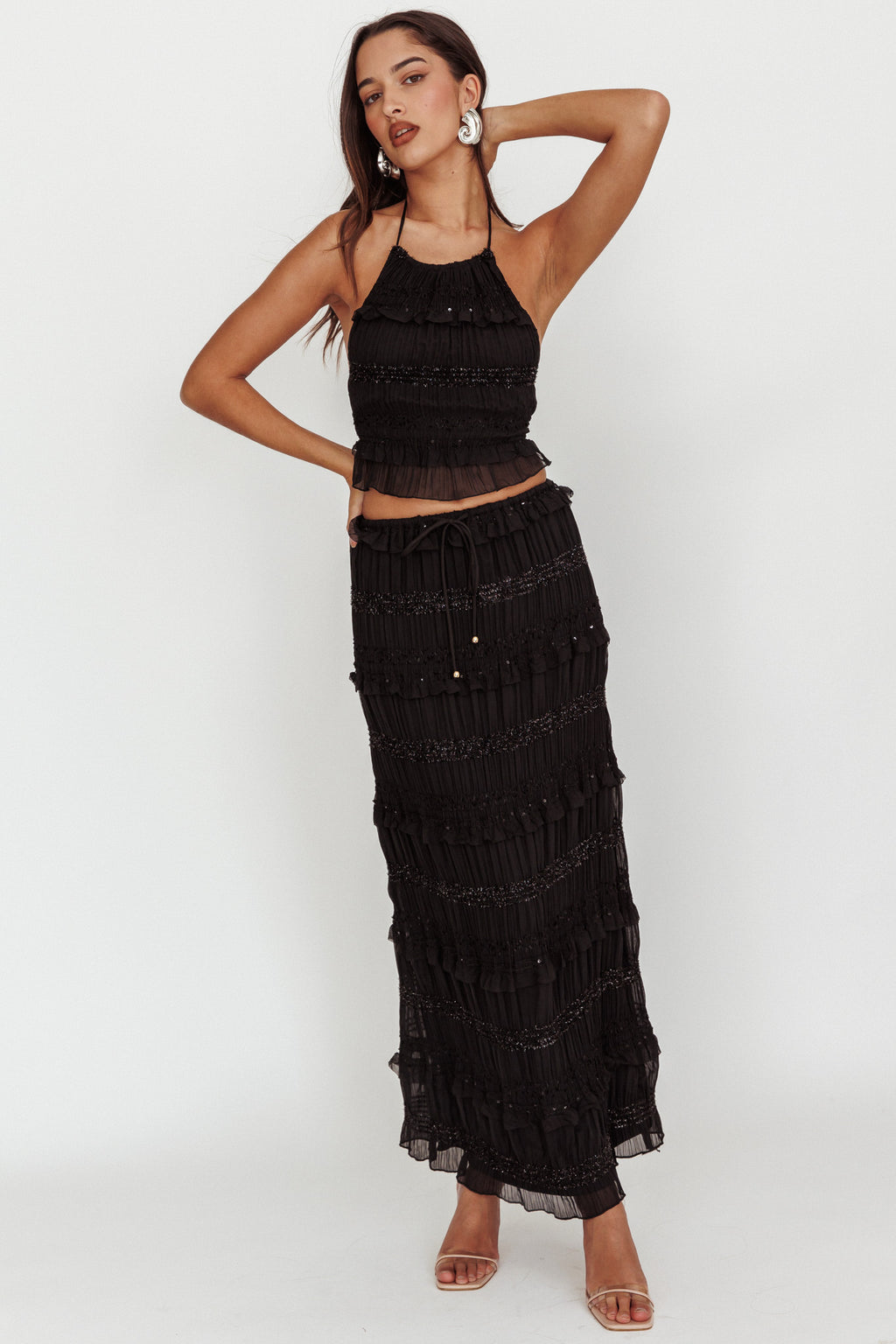 Helios Shirred Sequin Maxi Skirt Black by Selfie Leslie Australia
