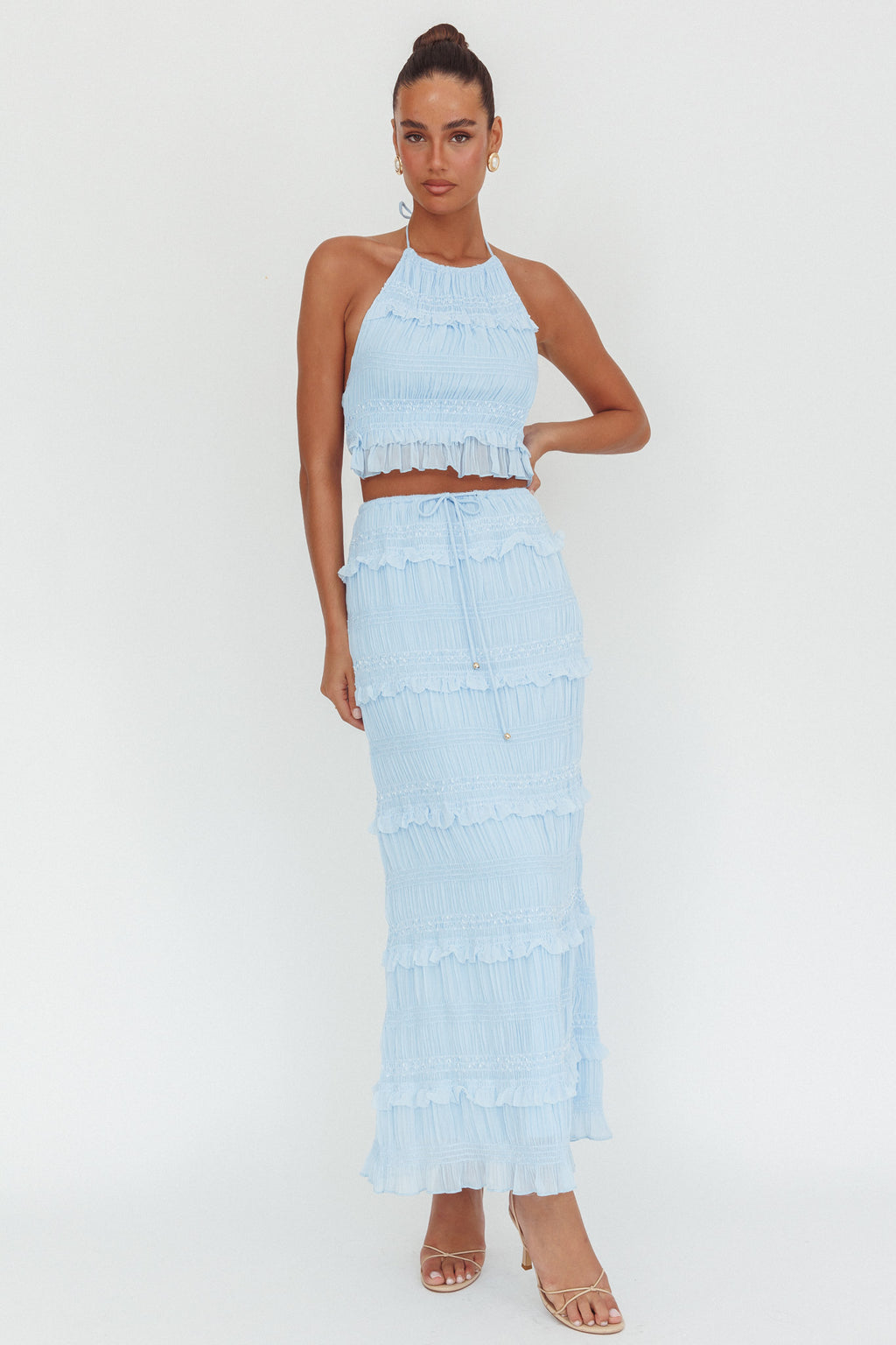 Helios Shirred Sequin Maxi Skirt Blue by Selfie Leslie Australia
