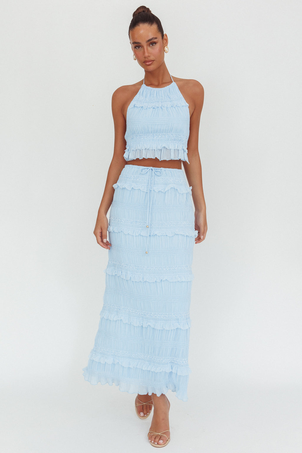 Helios Shirred Sequin Maxi Skirt Blue by Selfie Leslie Australia