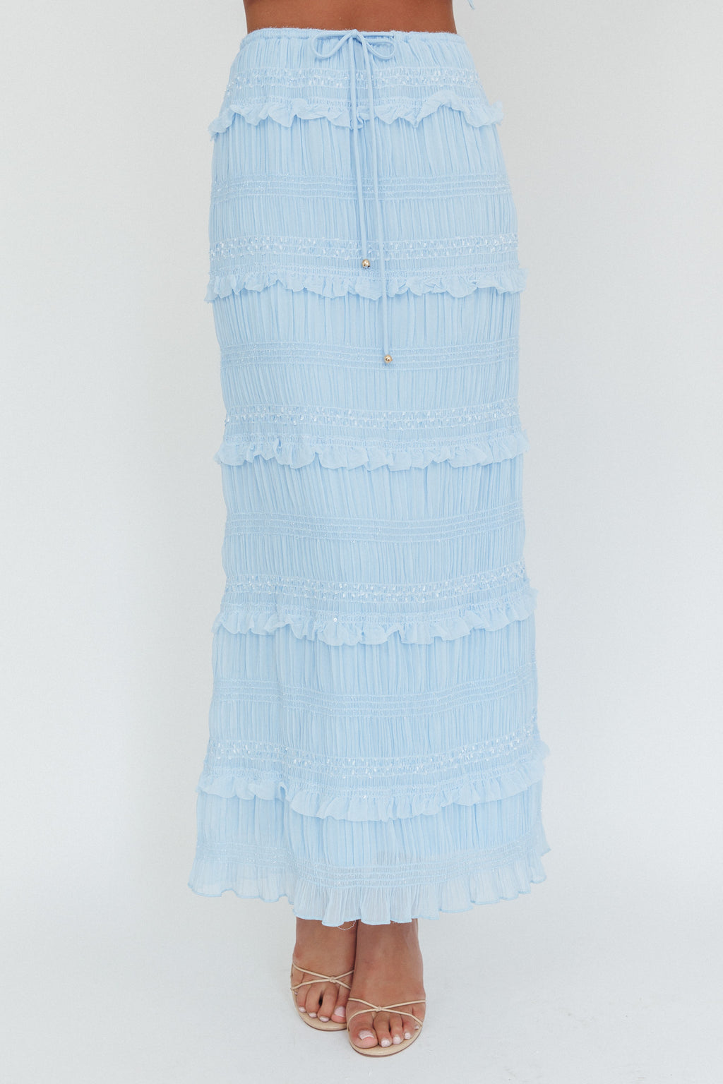 Helios Shirred Sequin Maxi Skirt Blue by Selfie Leslie Australia