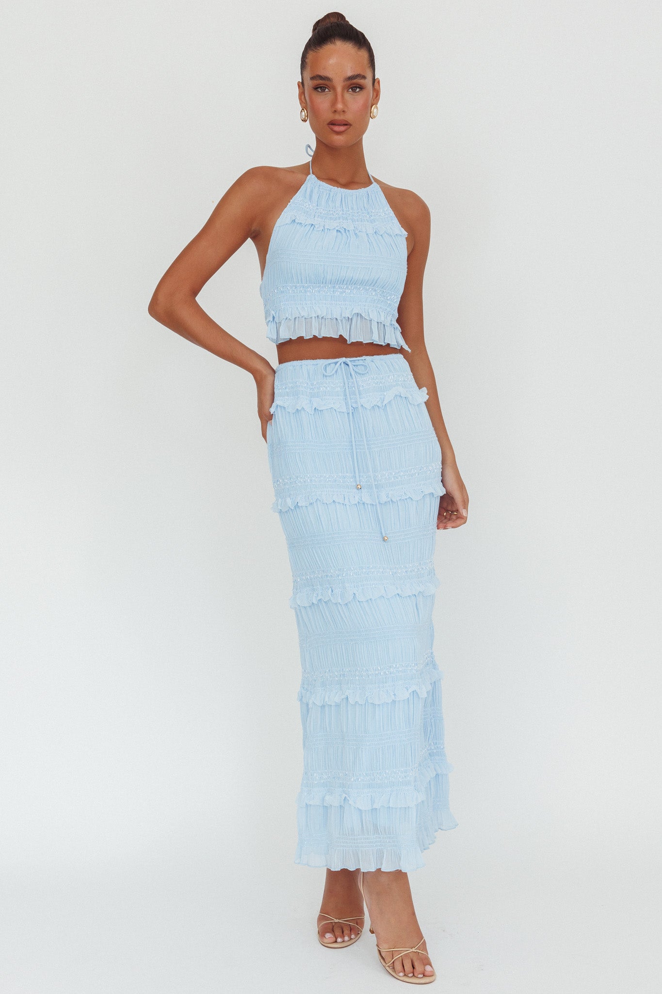 Helios Shirred Sequin Maxi Skirt Blue by Selfie Leslie Australia