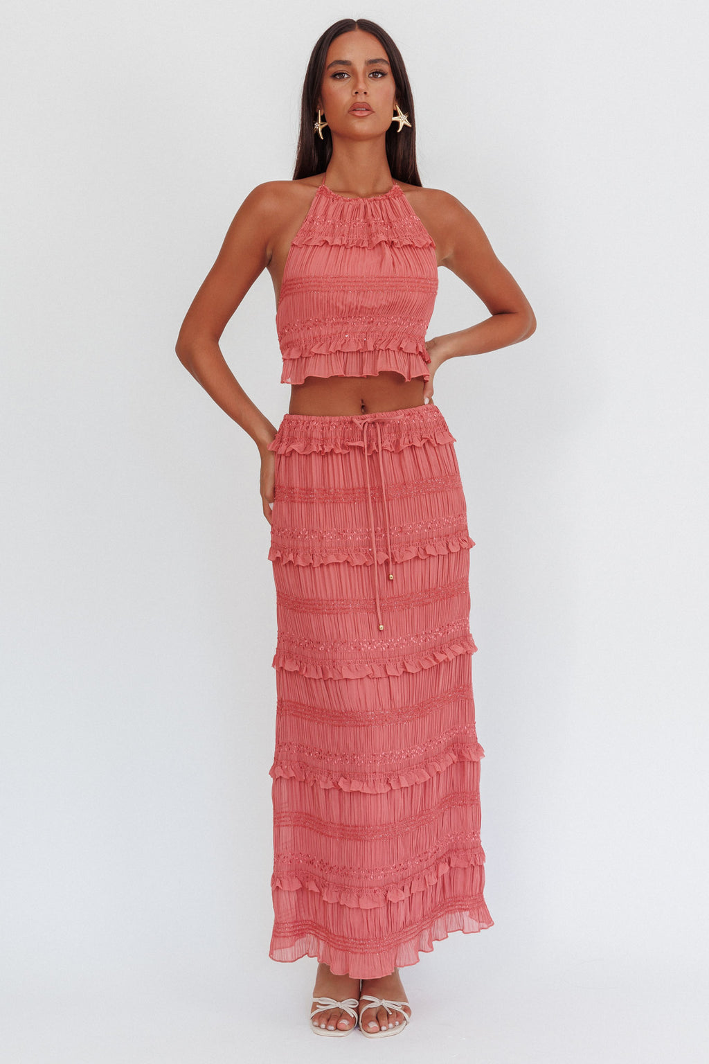 Helios Shirred Sequin Maxi Skirt Rose by Selfie Leslie Australia