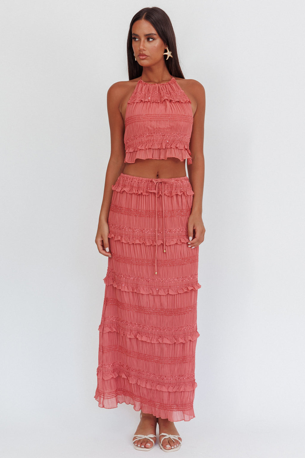 Helios Shirred Sequin Maxi Skirt Rose by Selfie Leslie Australia