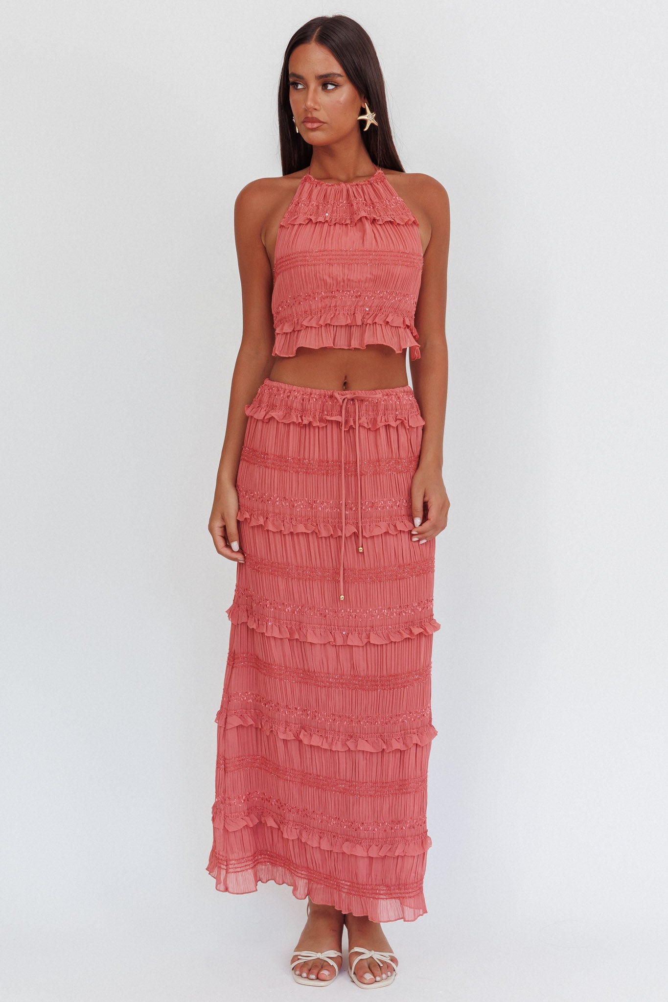 Helios Shirred Sequin Maxi Skirt Rose by Selfie Leslie Australia