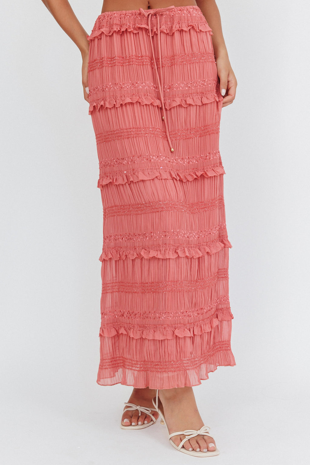 Helios Shirred Sequin Maxi Skirt Rose by Selfie Leslie Australia