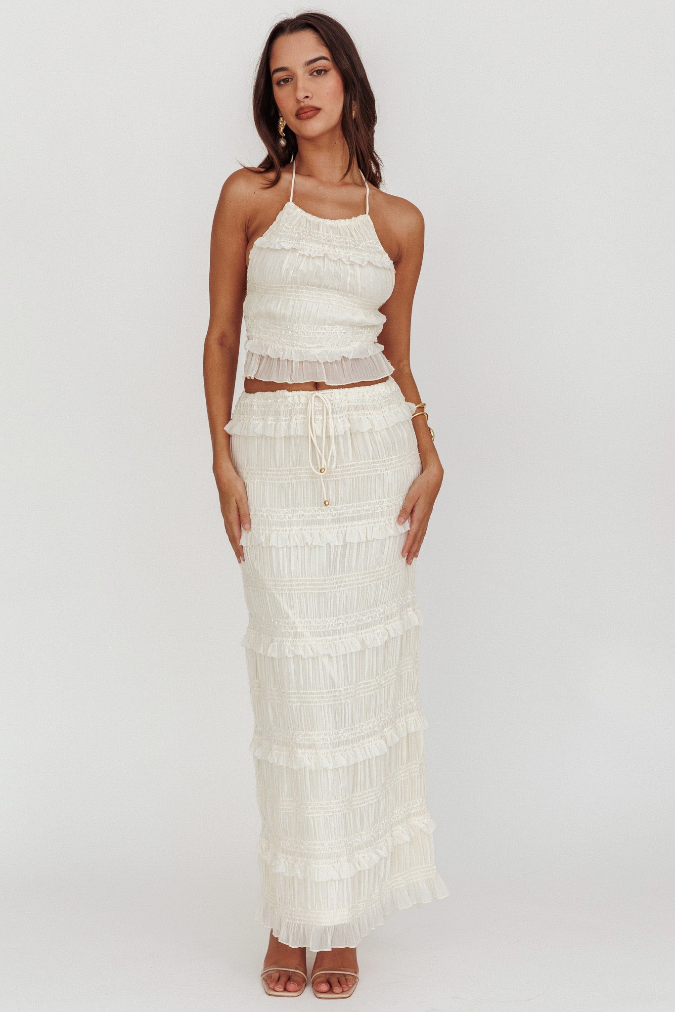 Helios Halterneck Shirred Sequin Top Beige by Selfie Leslie Australia