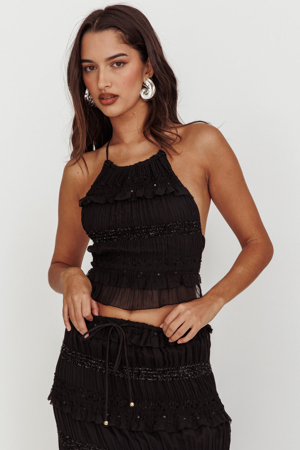 Helios Halterneck Shirred Sequin Top Black by Selfie Leslie Australia