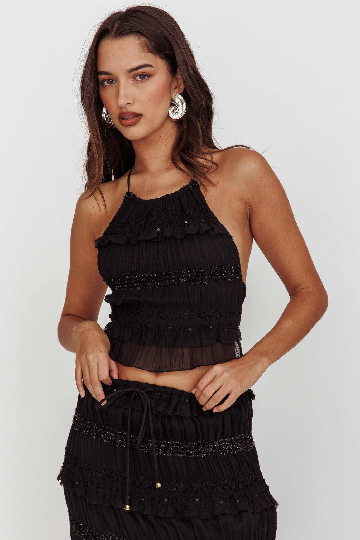 Helios Halterneck Shirred Sequin Top Black by Selfie Leslie Australia