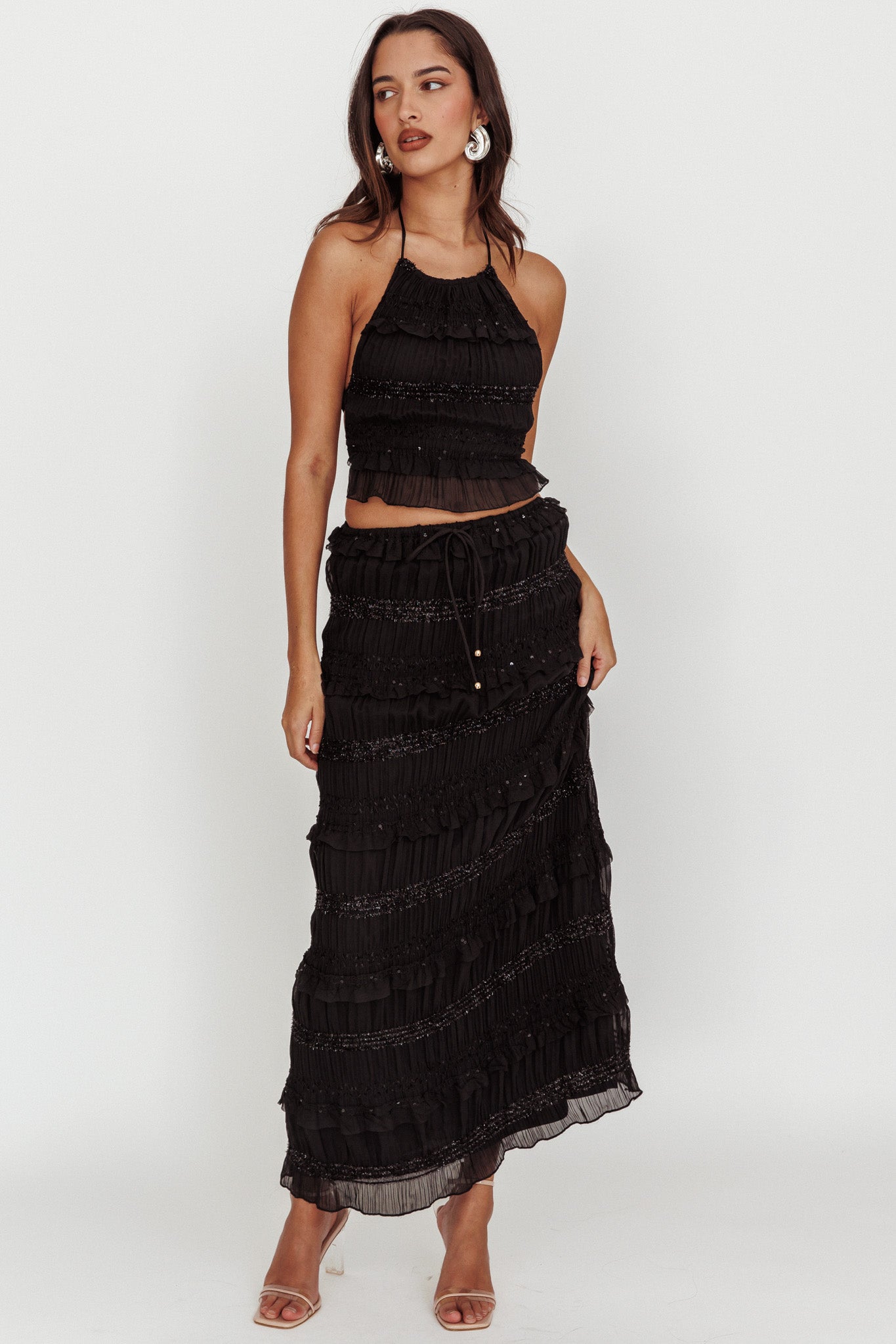 Helios Halterneck Shirred Sequin Top Black by Selfie Leslie Australia