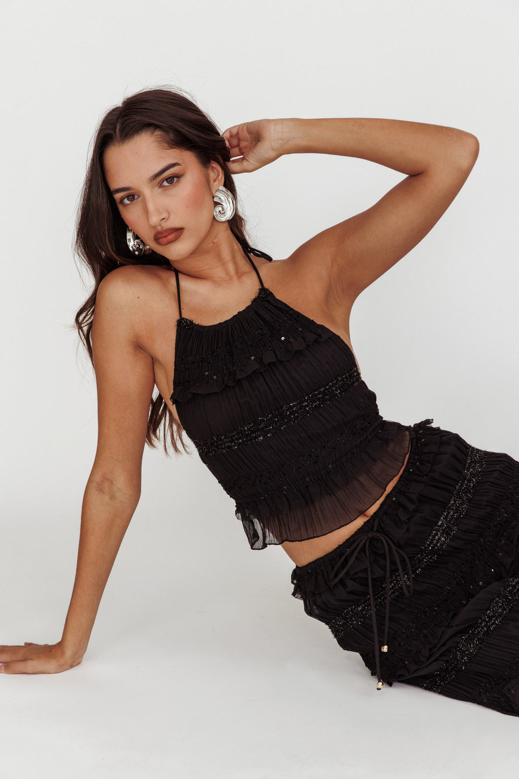 Helios Halterneck Shirred Sequin Top Black by Selfie Leslie Australia