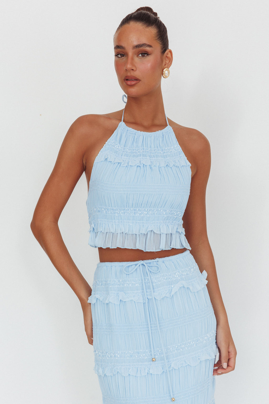 Helios Halterneck Shirred Sequin Top Blue by Selfie Leslie Australia
