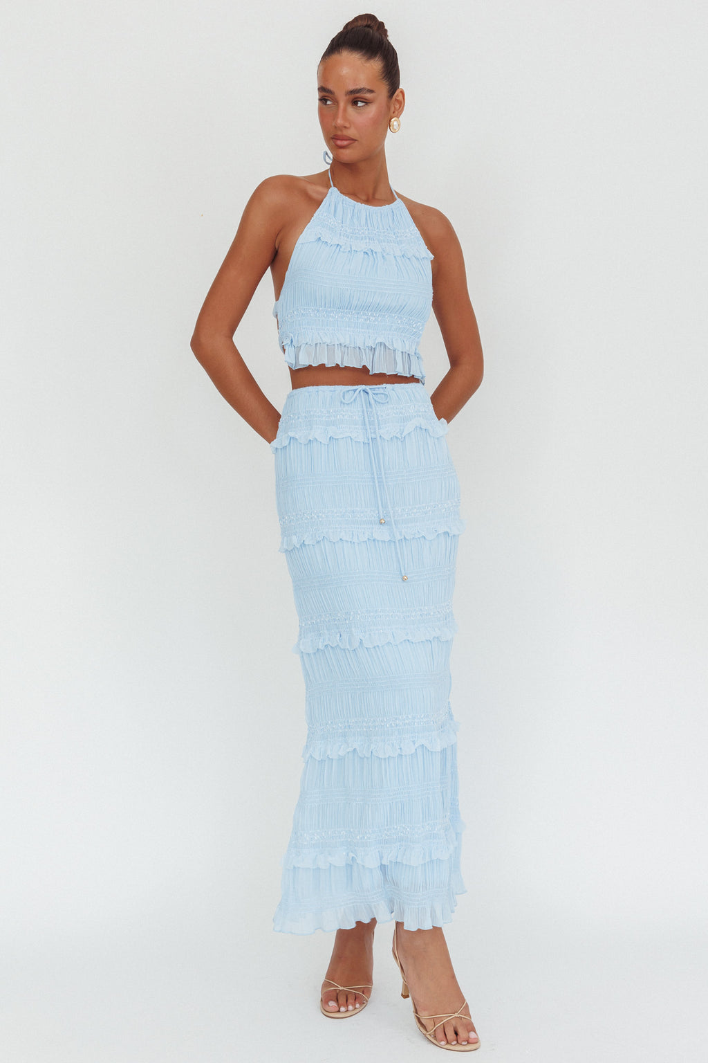 Helios Halterneck Shirred Sequin Top Blue by Selfie Leslie Australia