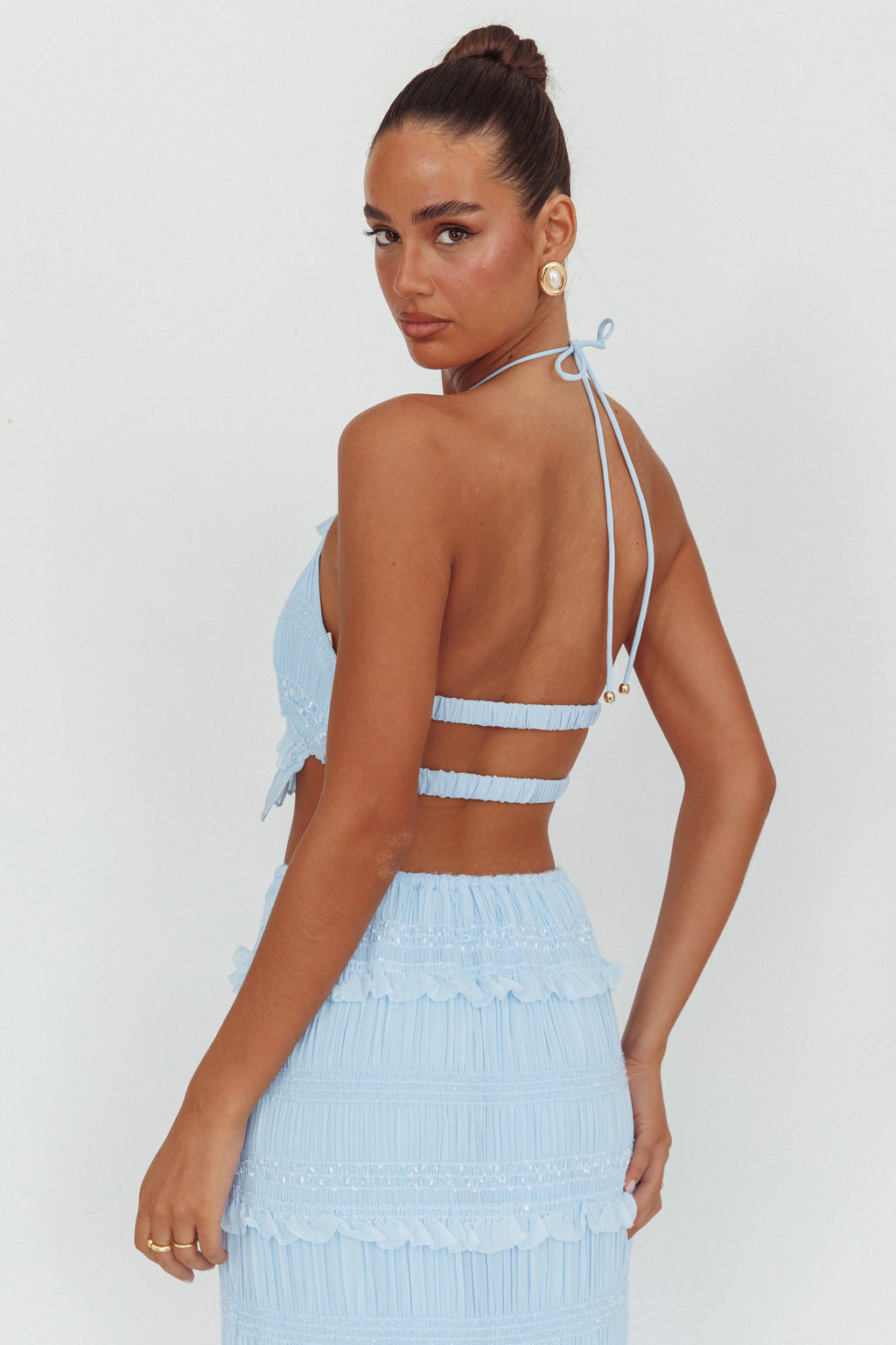 Helios Halterneck Shirred Sequin Top Blue by Selfie Leslie Australia