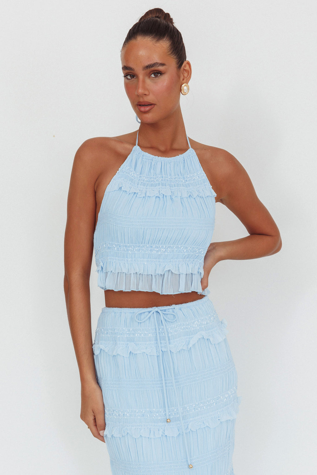 Helios Halterneck Shirred Sequin Top Blue by Selfie Leslie Australia