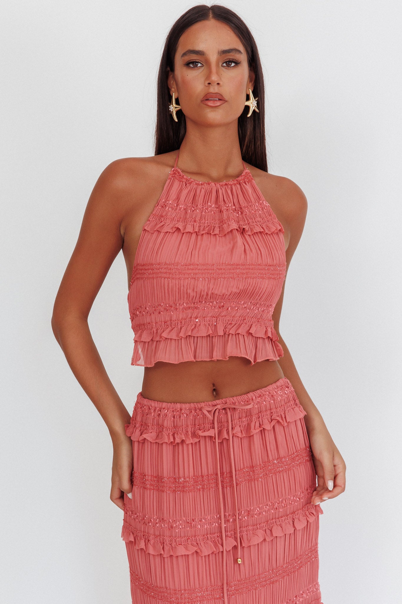 Helios Halterneck Shirred Sequin Top Rose by Selfie Leslie Australia