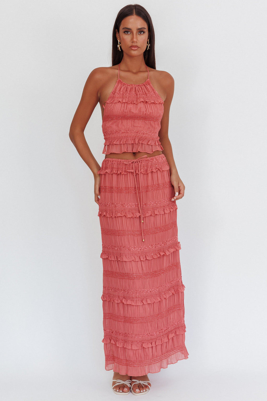 Helios Halterneck Shirred Sequin Top Rose by Selfie Leslie Australia