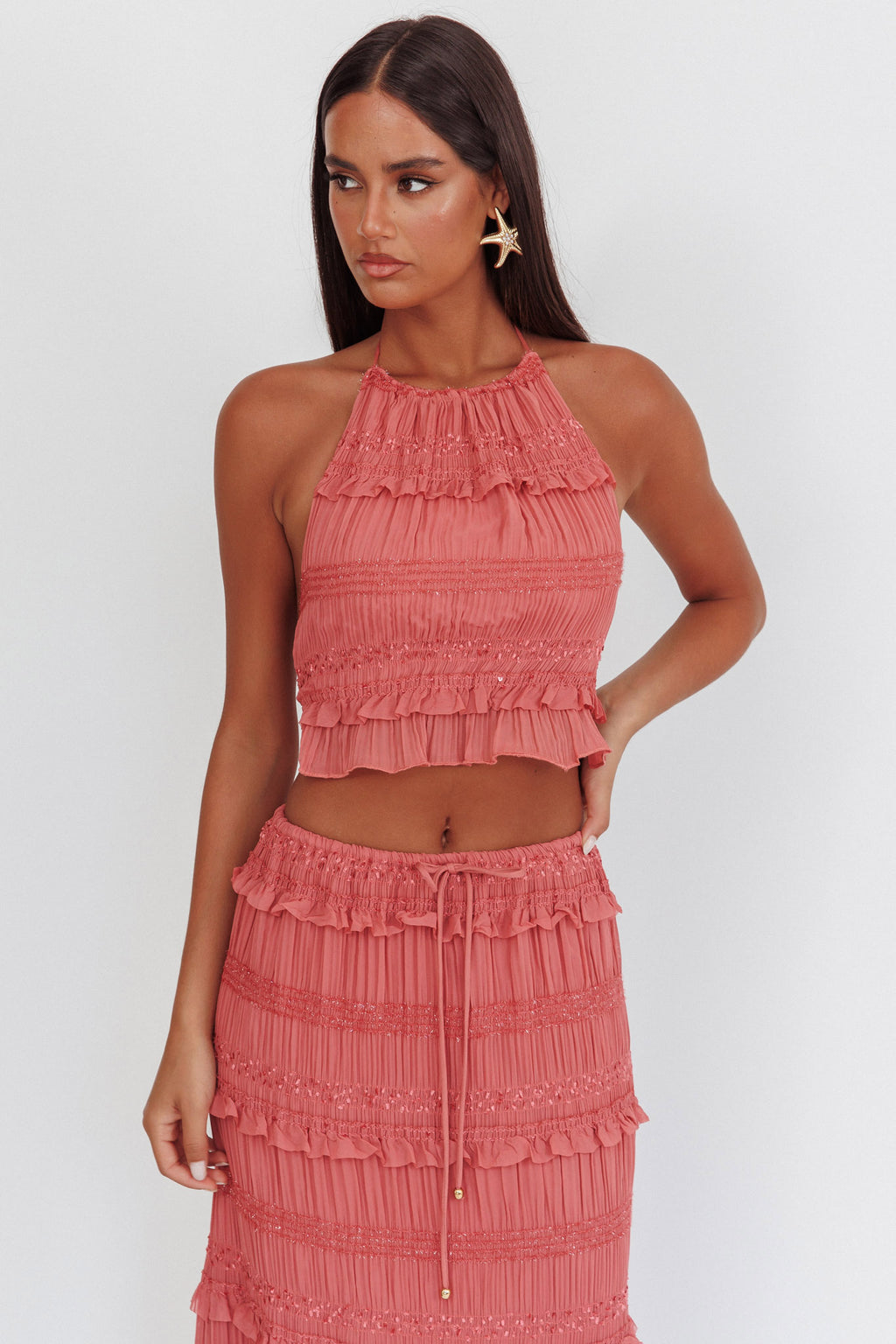 Helios Halterneck Shirred Sequin Top Rose by Selfie Leslie Australia