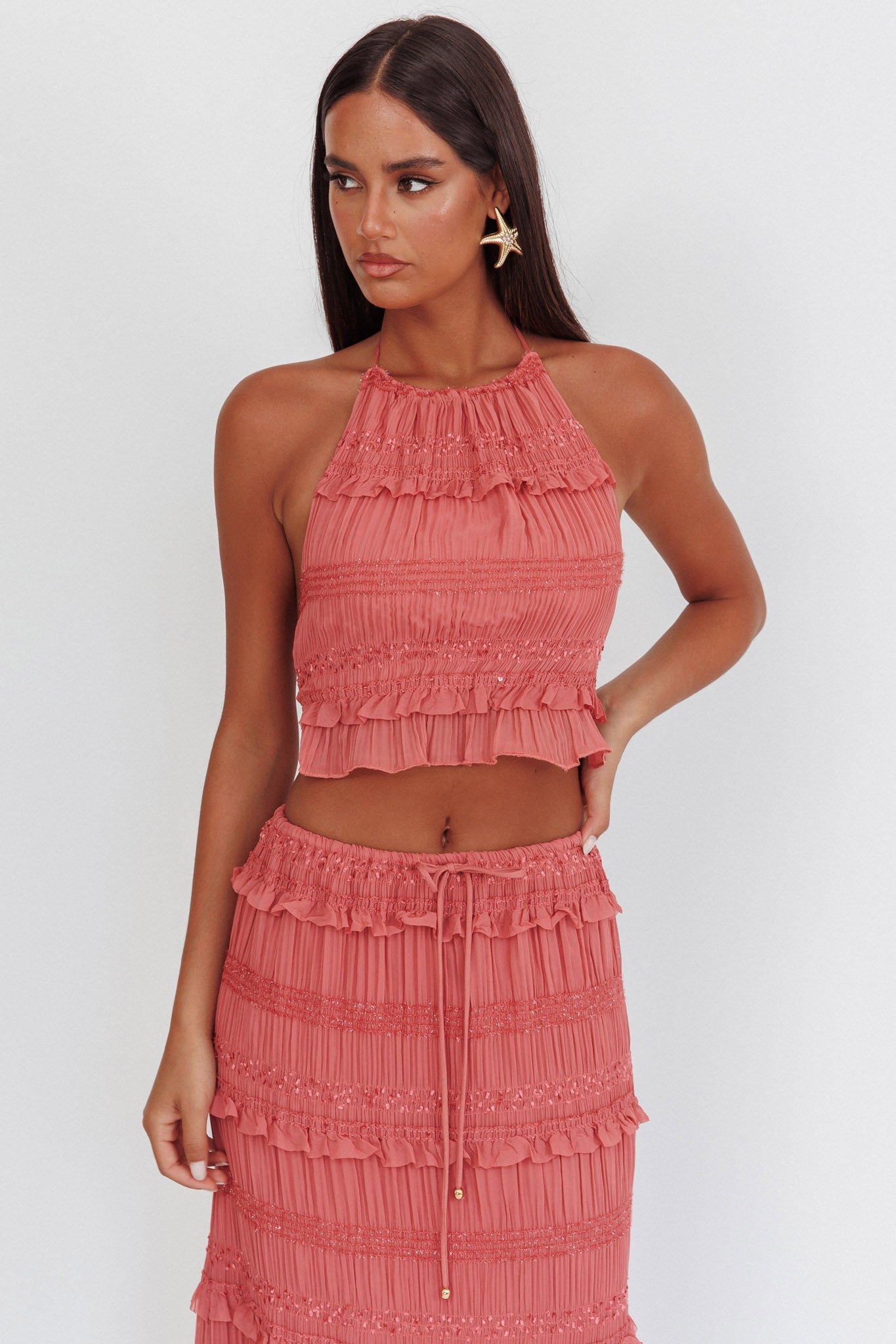 Helios Halterneck Shirred Sequin Top Rose by Selfie Leslie Australia