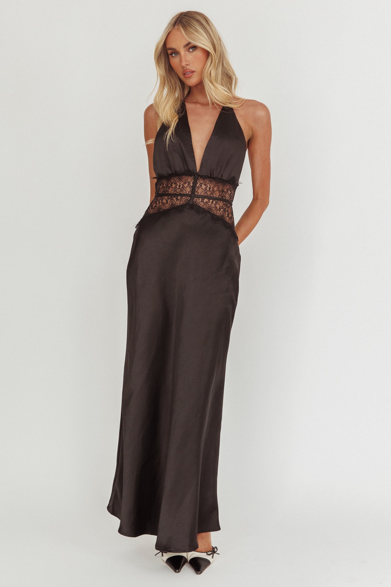 Tarly Lace Waist Halter Maxi Dress Black by Selfie Leslie Australia