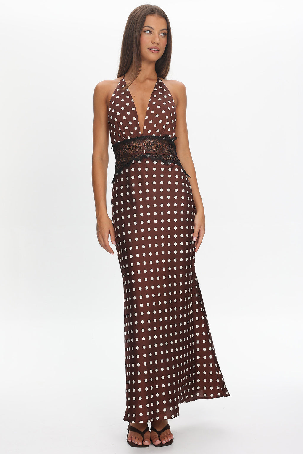 Tarly Lace Waist Halter Maxi Dress Polka Dot Chocolate by Selfie Leslie Australia