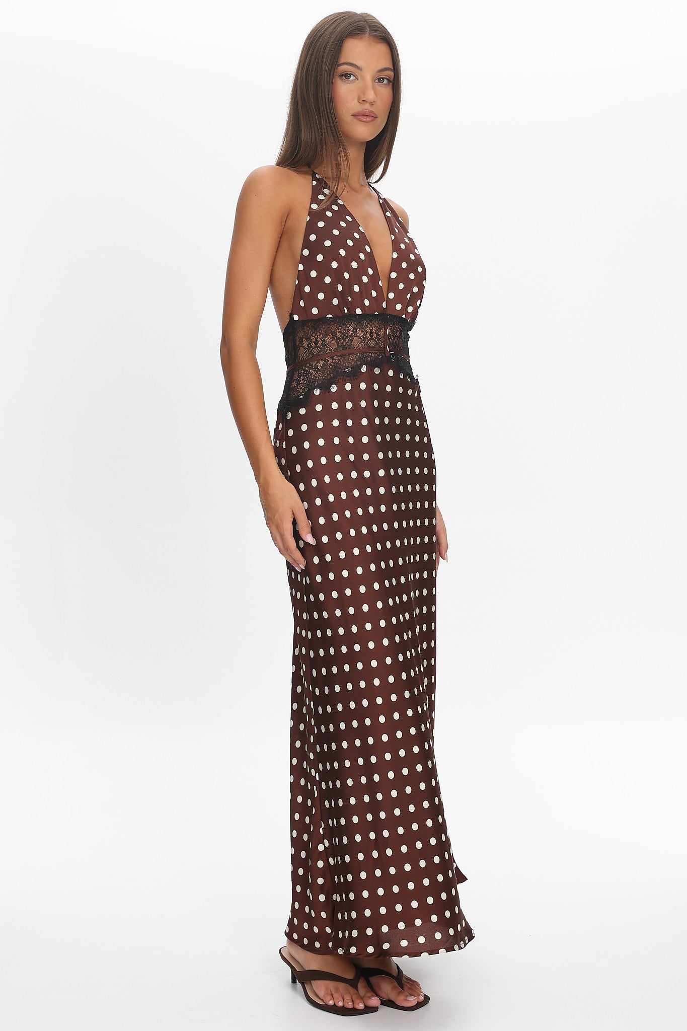 Tarly Lace Waist Halter Maxi Dress Polka Dot Chocolate by Selfie Leslie Australia