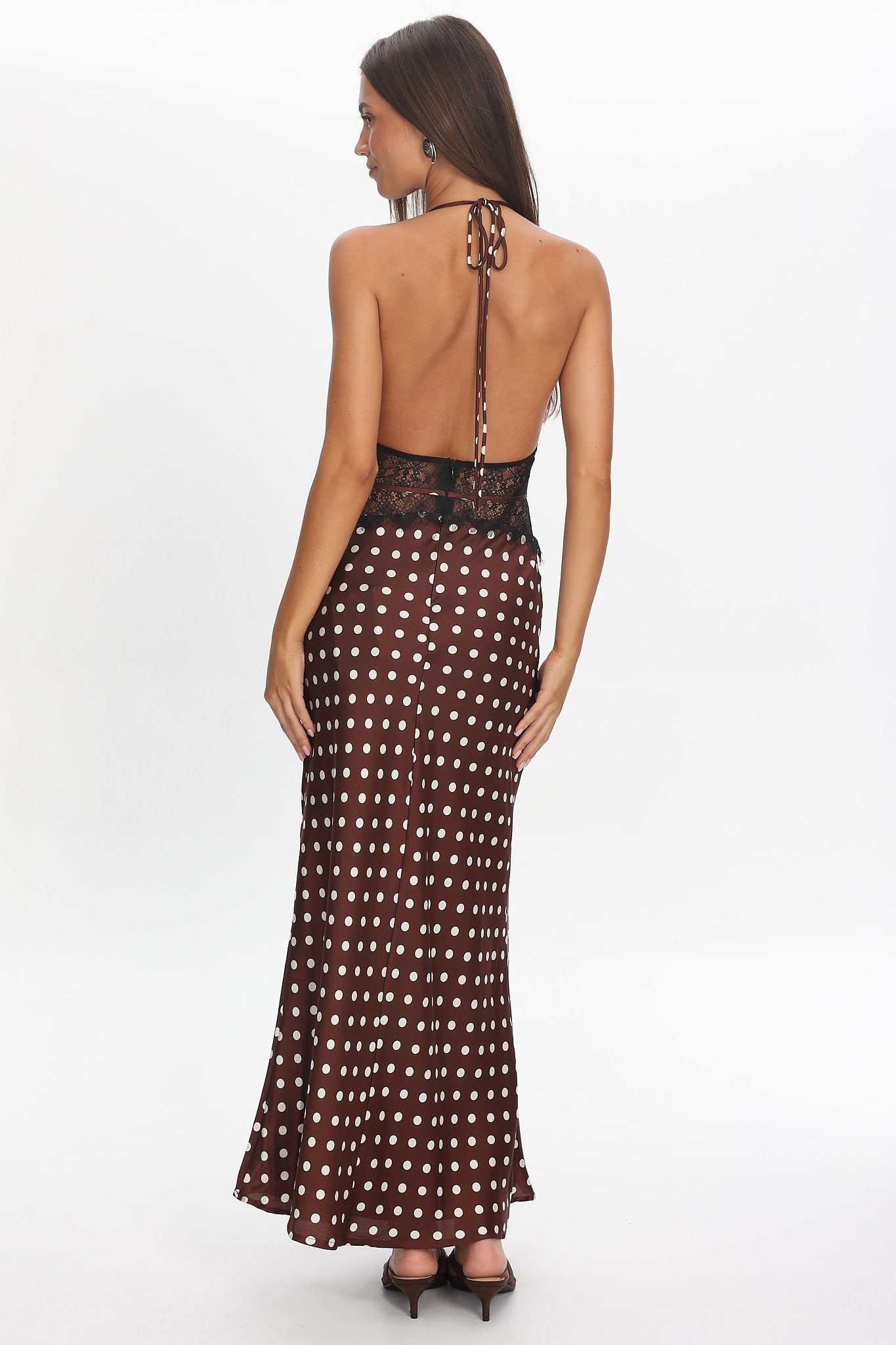 Tarly Lace Waist Halter Maxi Dress Polka Dot Chocolate by Selfie Leslie Australia