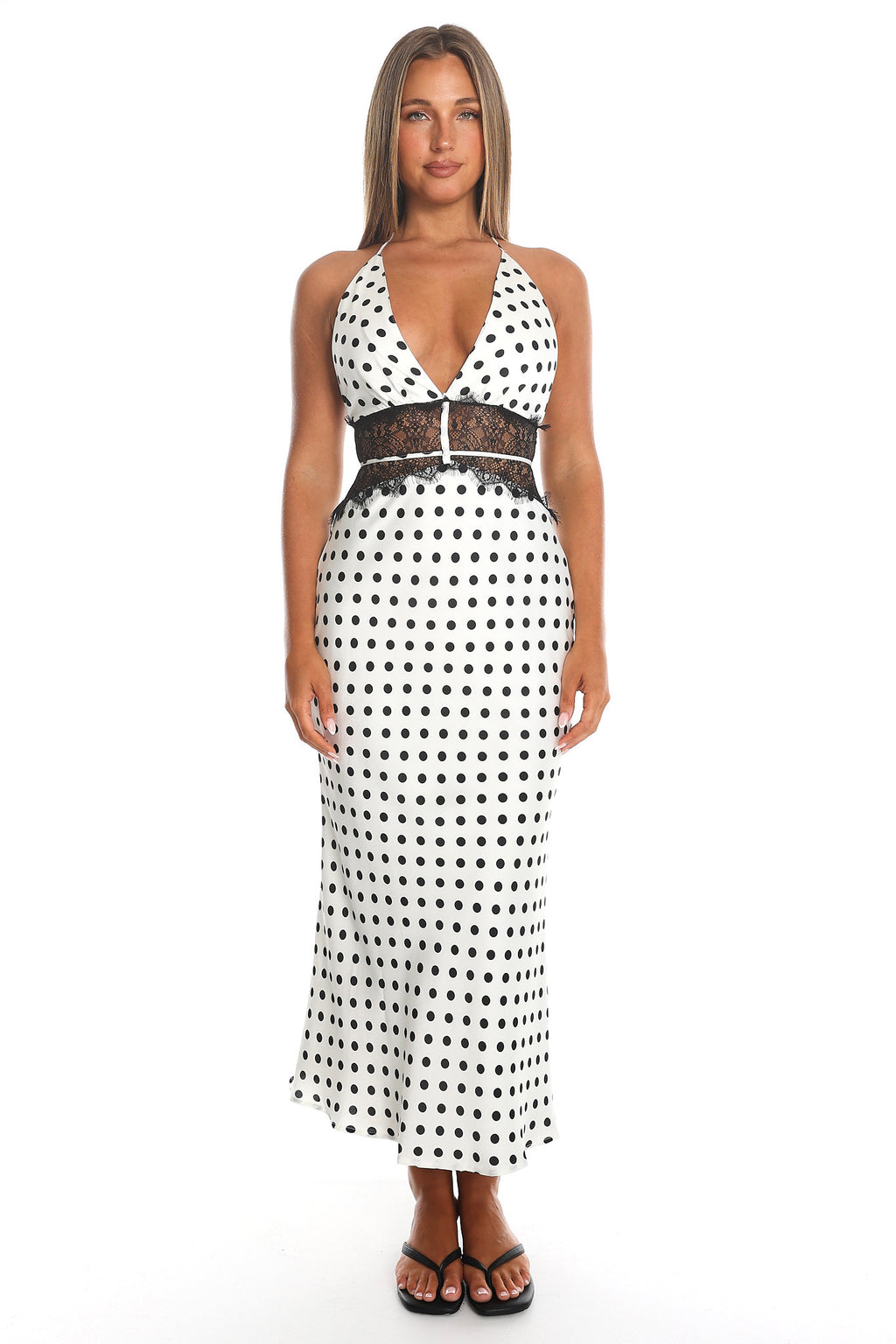 Tarly Lace Waist Halter Maxi Dress Polka Dot White