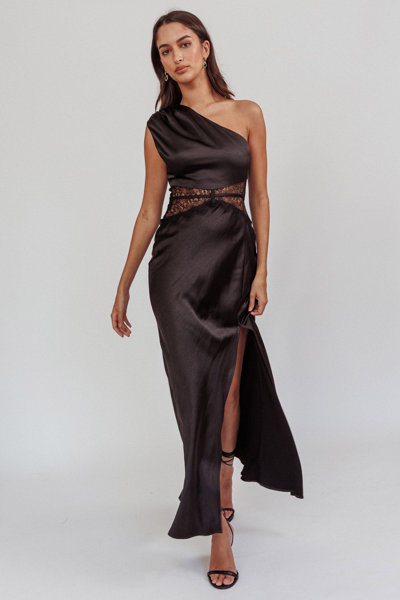 Tarly Lace Waist One-Shoulder Maxi Dress Black by Selfie Leslie Australia