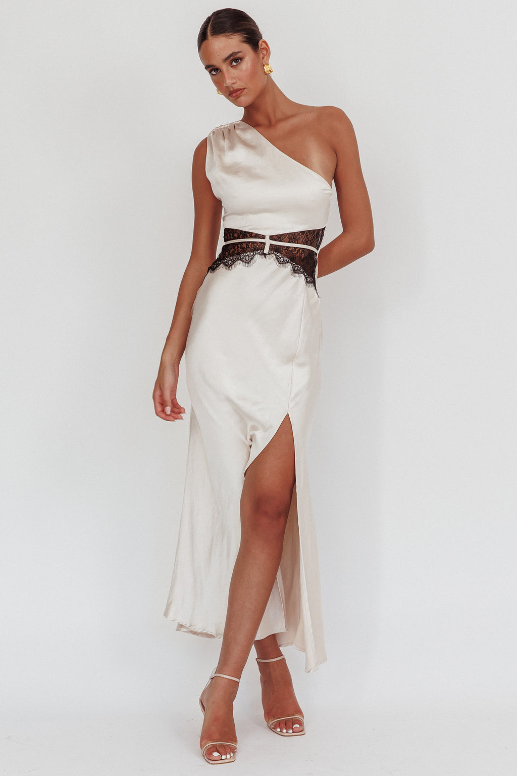 Tarly Lace Waist One-Shoulder Maxi Dress Champagne by Selfie Leslie Australia