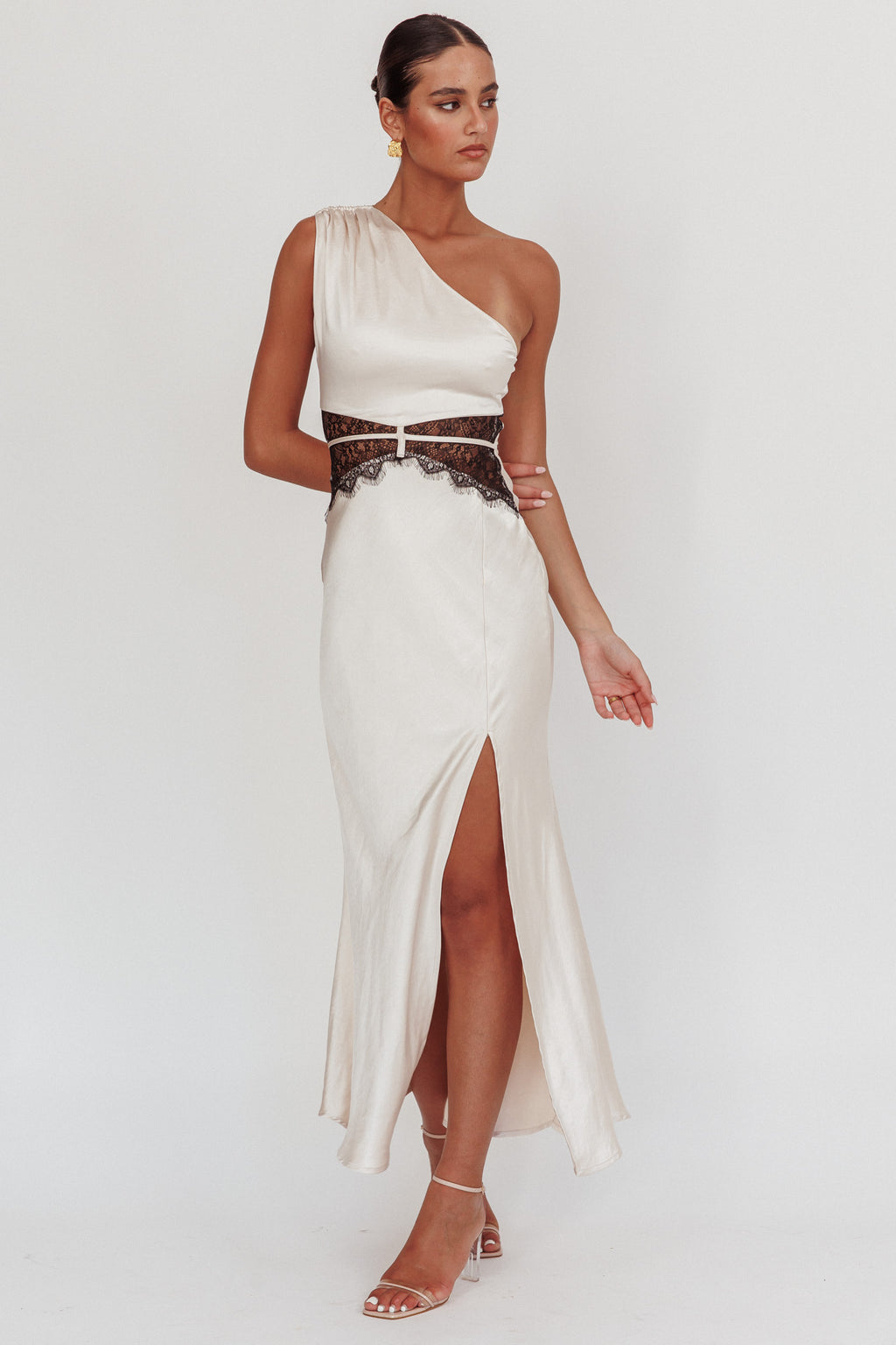 Tarly Lace Waist One-Shoulder Maxi Dress Champagne by Selfie Leslie Australia