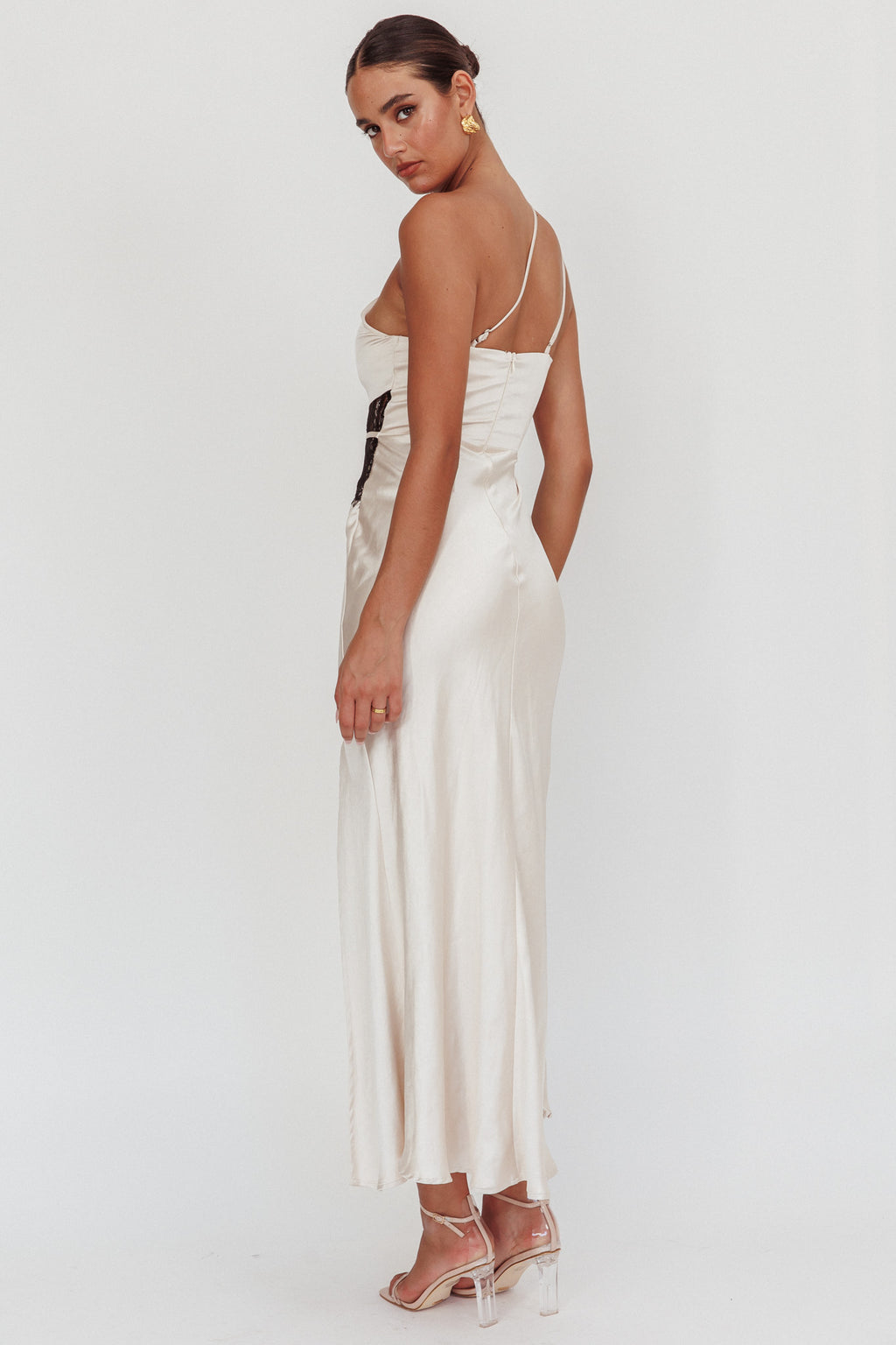 Tarly Lace Waist One-Shoulder Maxi Dress Champagne by Selfie Leslie Australia