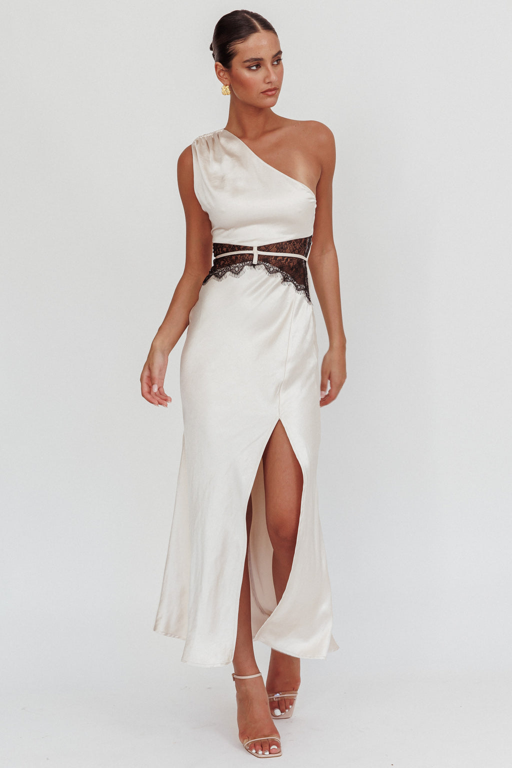 Tarly Lace Waist One-Shoulder Maxi Dress Champagne by Selfie Leslie Australia