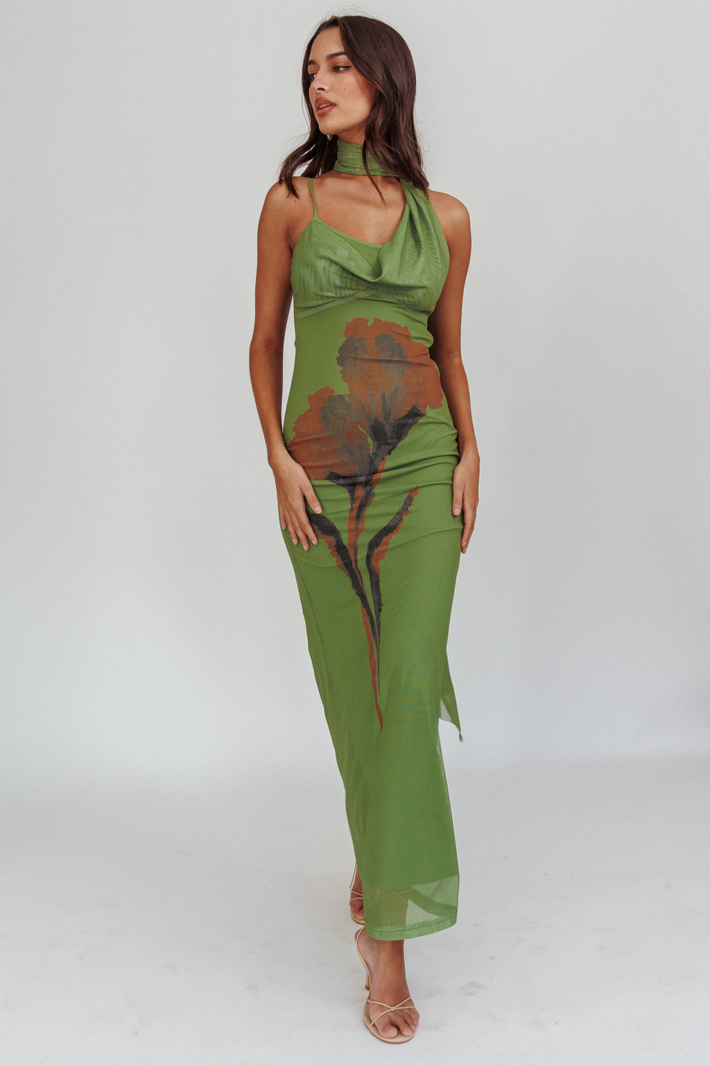 No Surprises Scarfed Floral Maxi Dress Green by Selfie Leslie Australia
