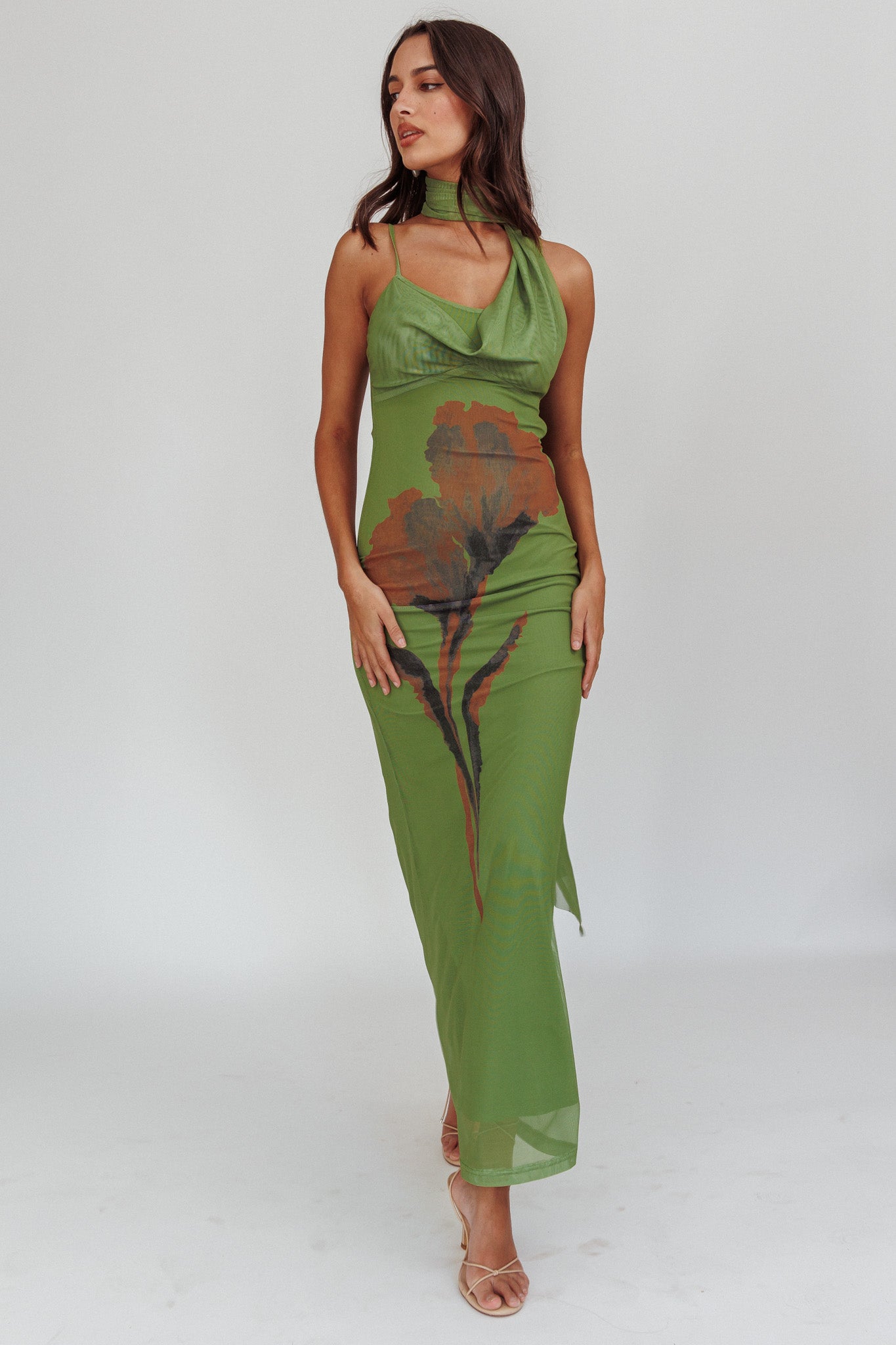 No Surprises Scarfed Floral Maxi Dress Green by Selfie Leslie Australia