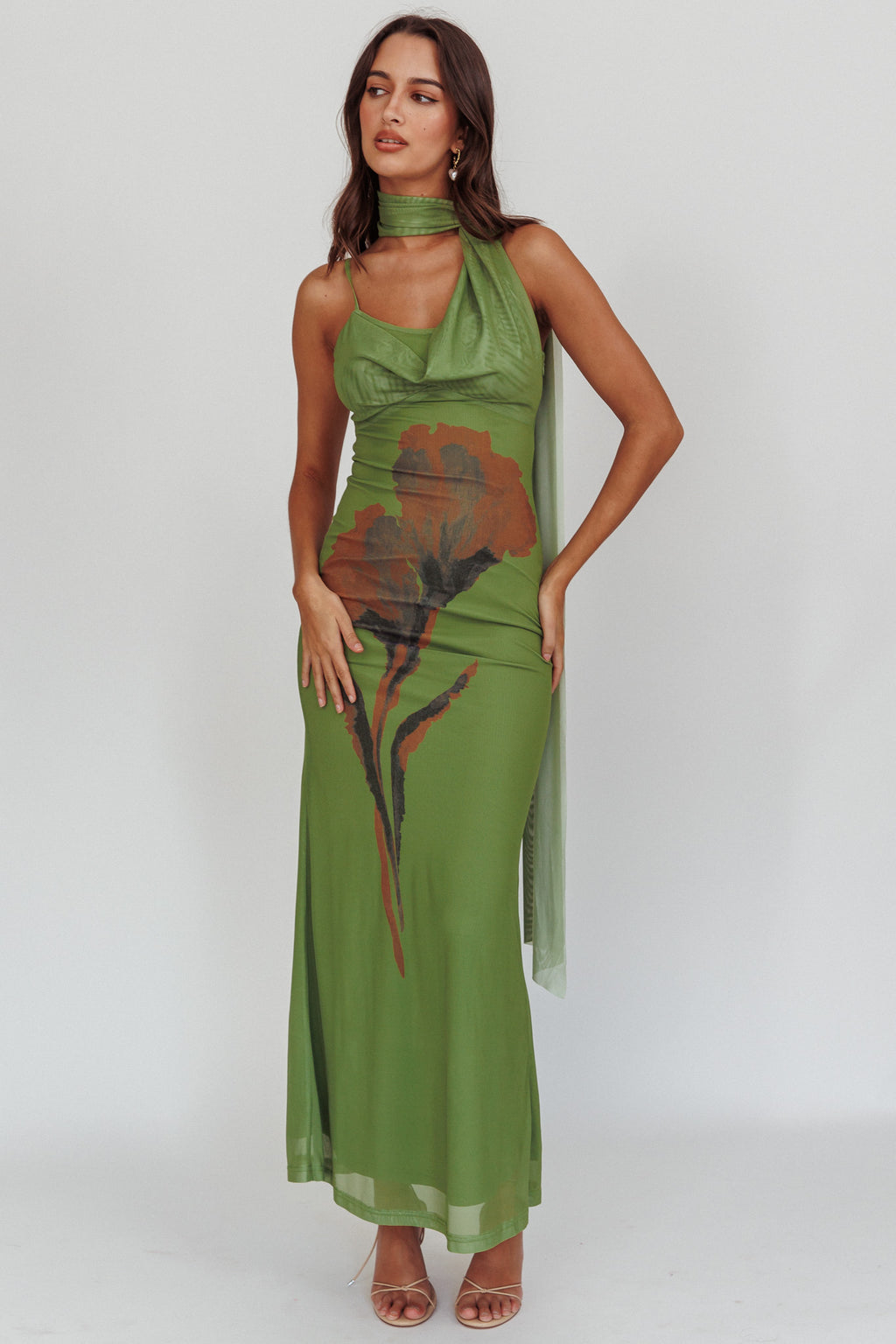 No Surprises Scarfed Floral Maxi Dress Green by Selfie Leslie Australia