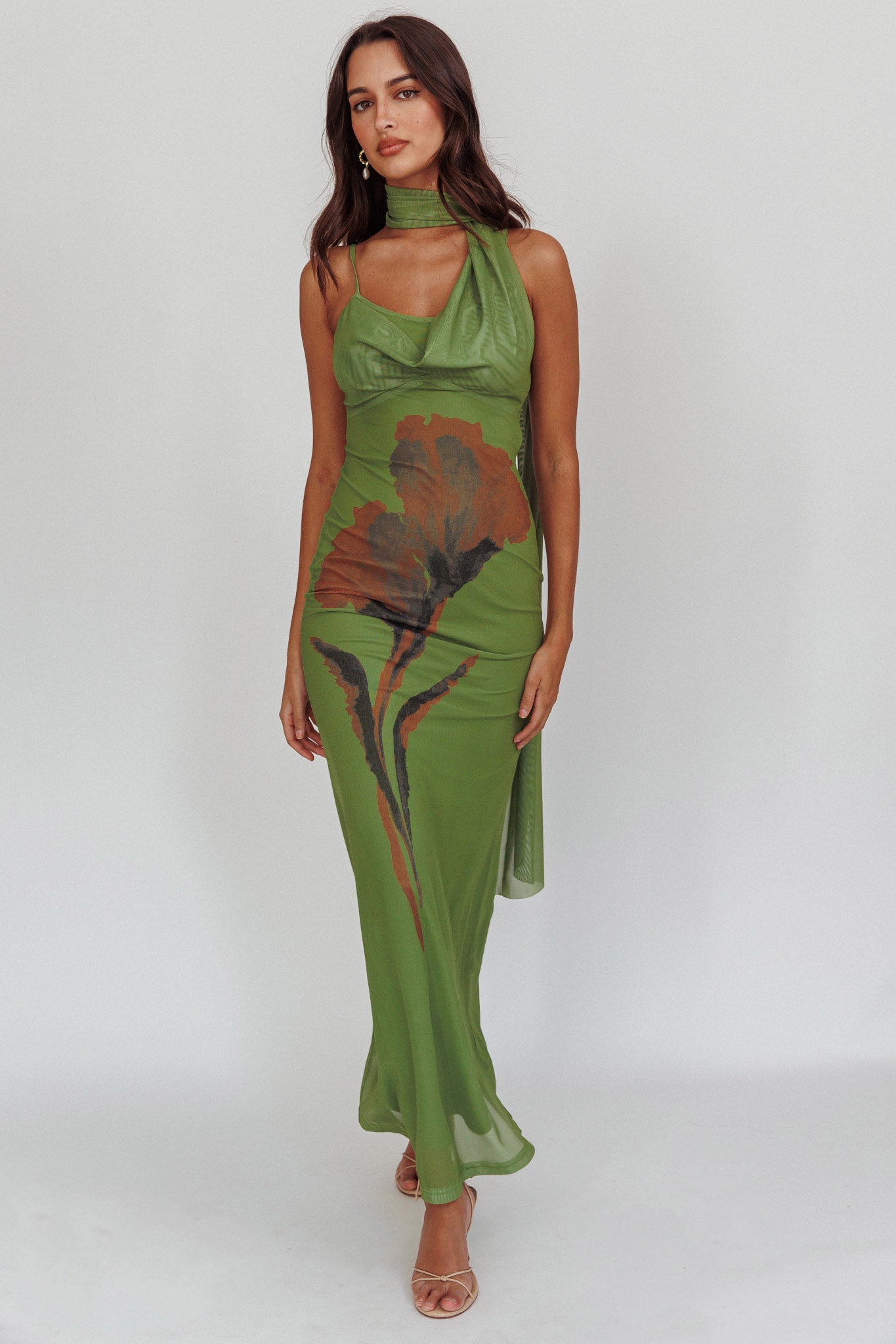 No Surprises Scarfed Floral Maxi Dress Green by Selfie Leslie Australia