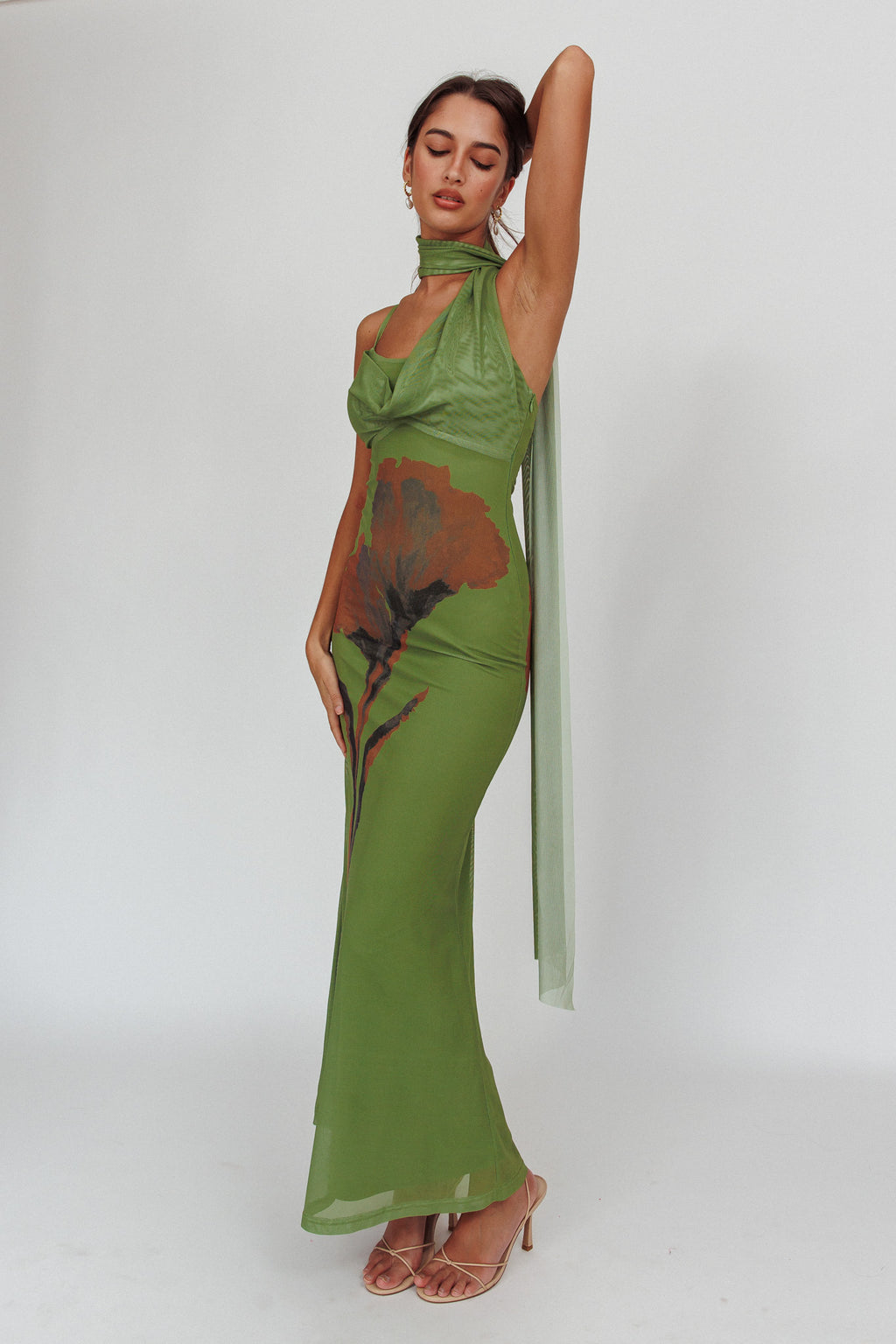 No Surprises Scarfed Floral Maxi Dress Green by Selfie Leslie Australia
