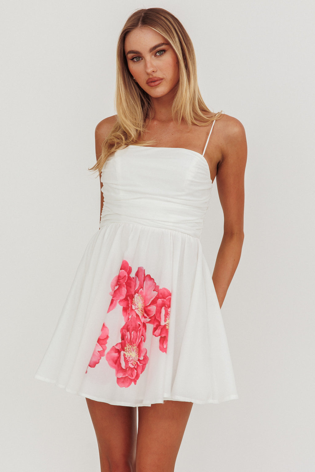 Festivity Flared Bow Floral Mini Dress White by Selfie Leslie Australia