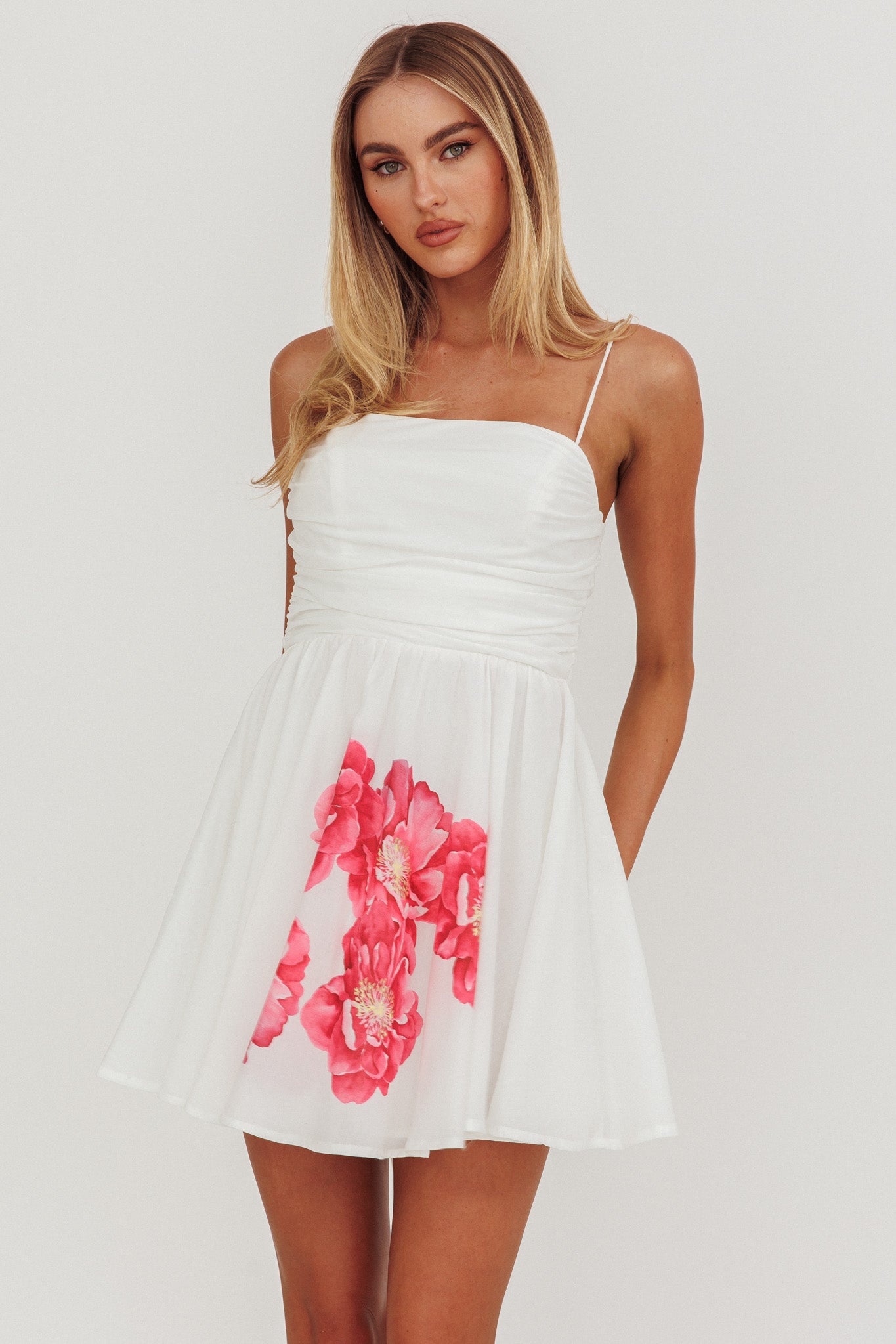 Festivity Flared Bow Floral Mini Dress White by Selfie Leslie Australia