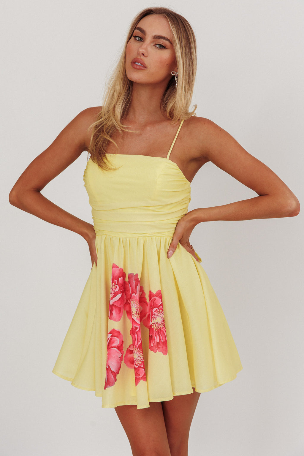 Festivity Flared Bow Floral Mini Dress Yellow by Selfie Leslie Australia