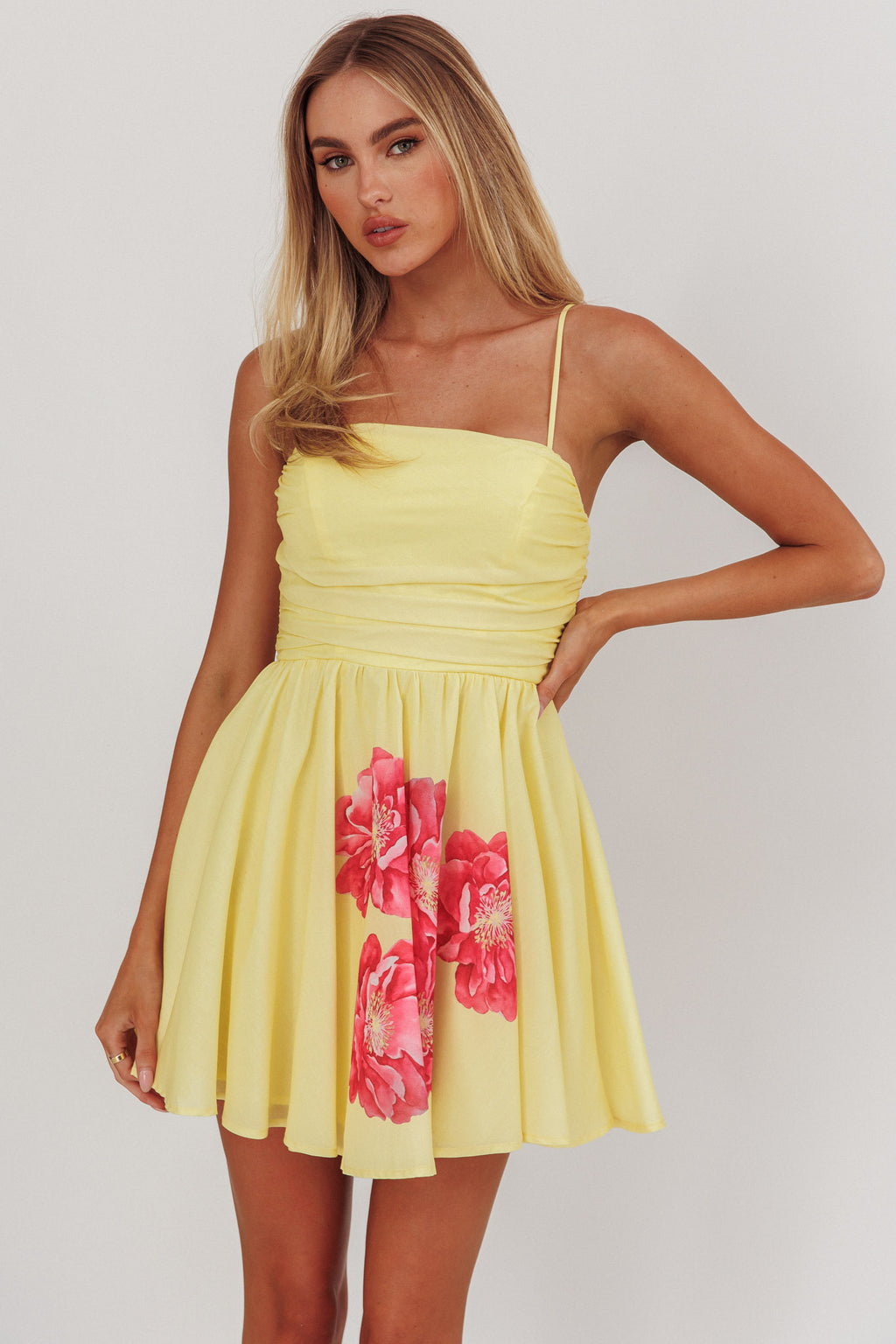 Festivity Flared Bow Floral Mini Dress Yellow by Selfie Leslie Australia