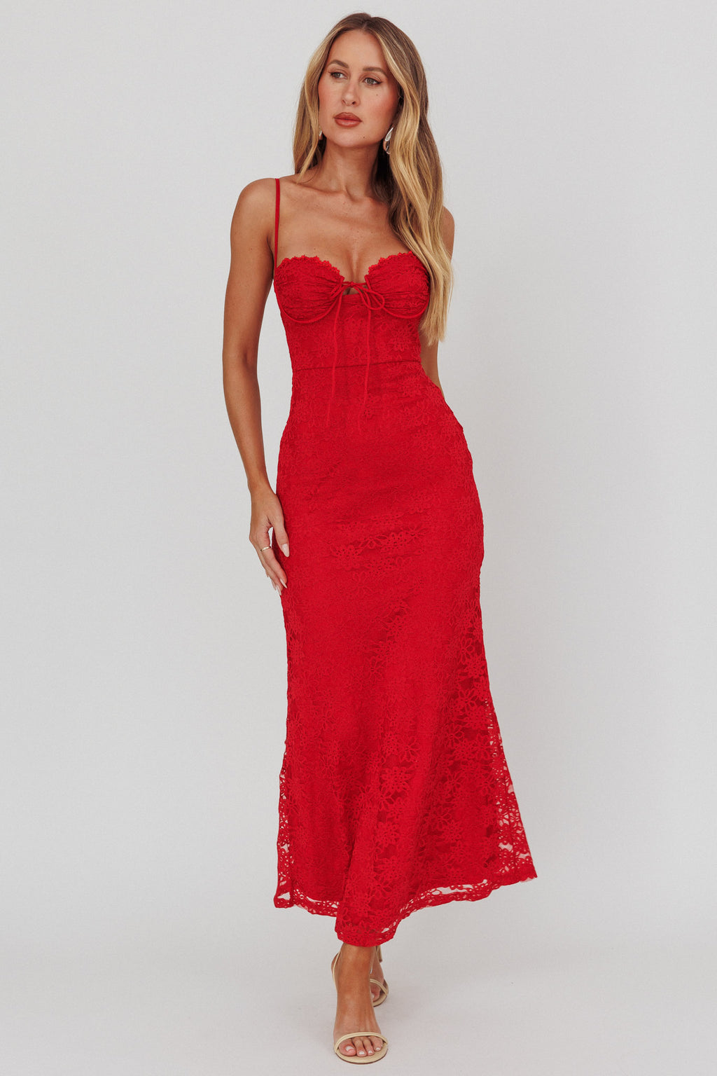Passione Tied Bust Lace Maxi Dress Cherry by Selfie Leslie Australia