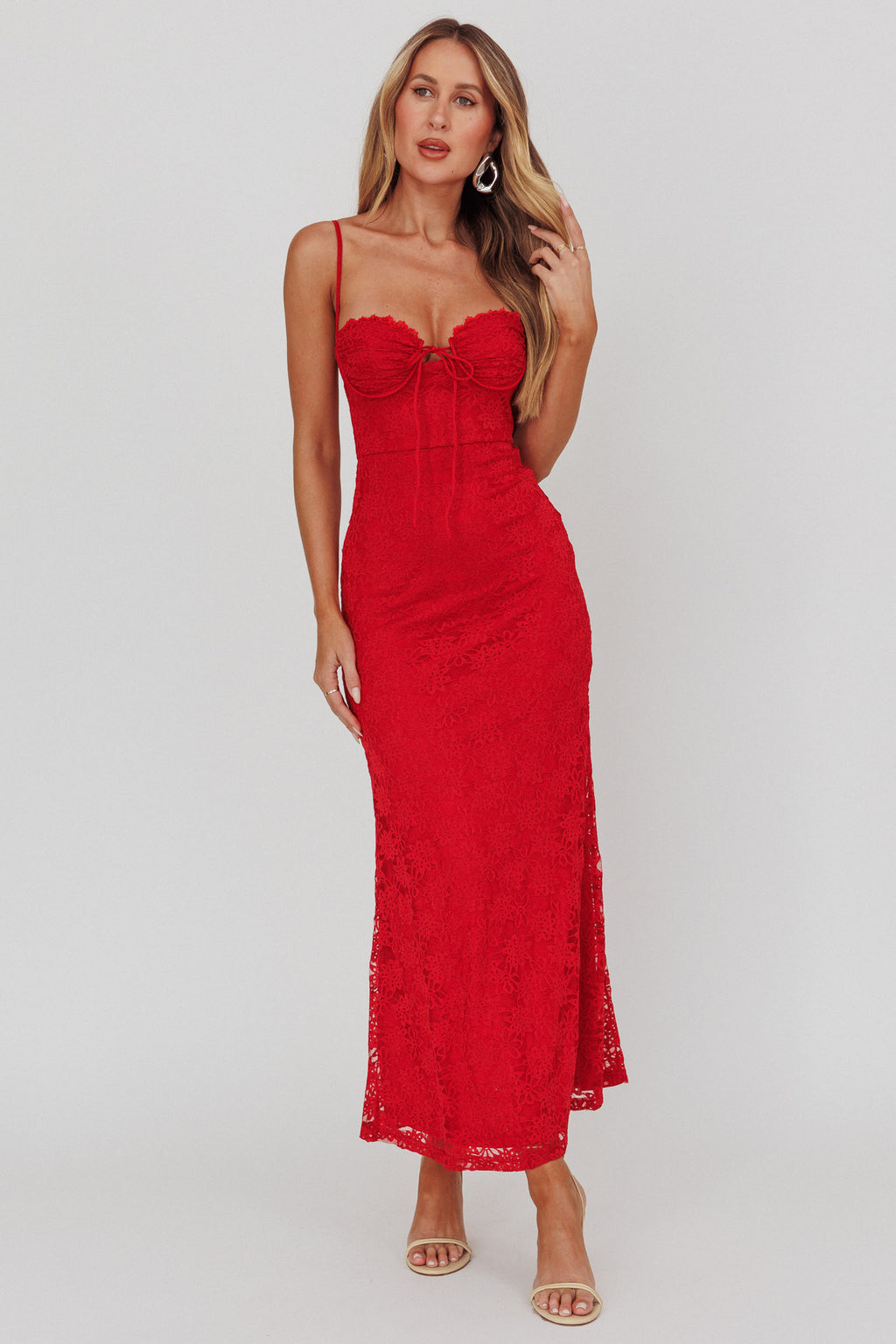 Passione Tied Bust Lace Maxi Dress Cherry by Selfie Leslie Australia