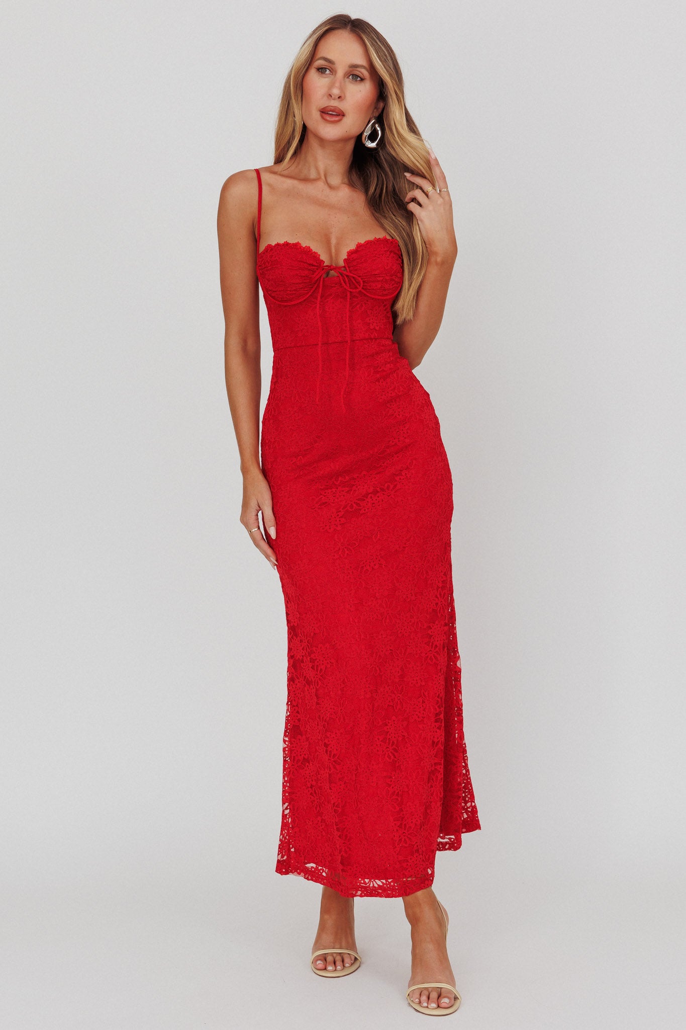 Passione Tied Bust Lace Maxi Dress Cherry by Selfie Leslie Australia