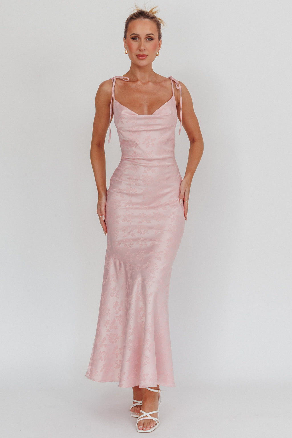 Belonging Cowl Neck Tied Shoulders Maxi Dress Blush by Selfie Leslie Australia