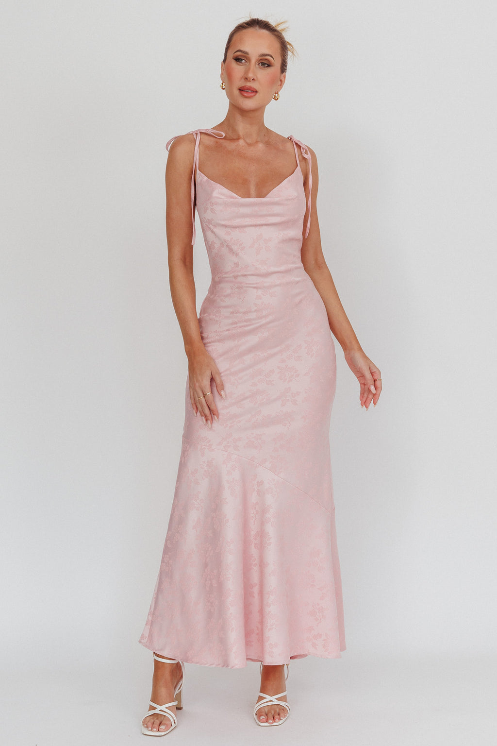 Belonging Cowl Neck Tied Shoulders Maxi Dress Blush by Selfie Leslie Australia