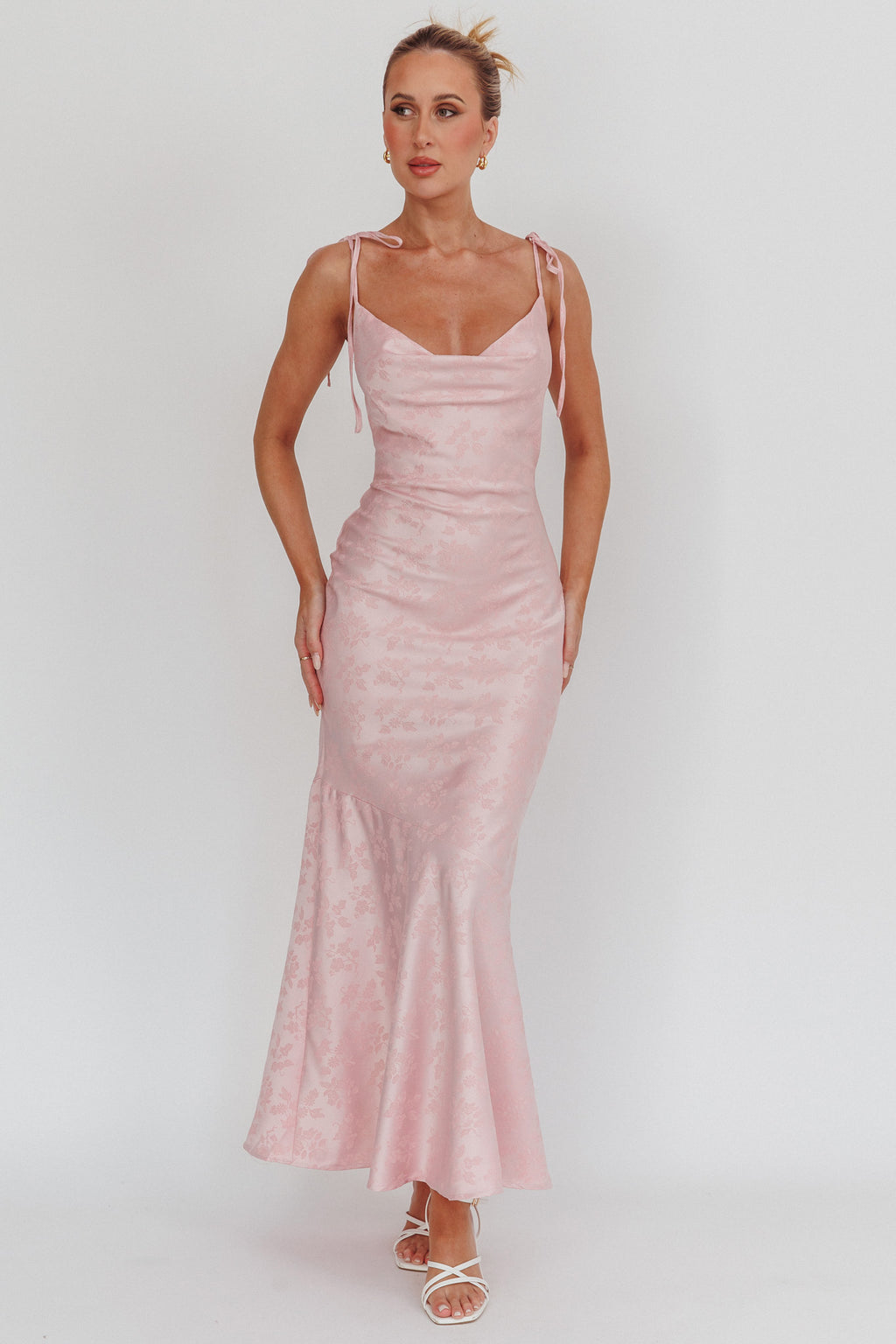 Belonging Cowl Neck Tied Shoulders Maxi Dress Blush by Selfie Leslie Australia