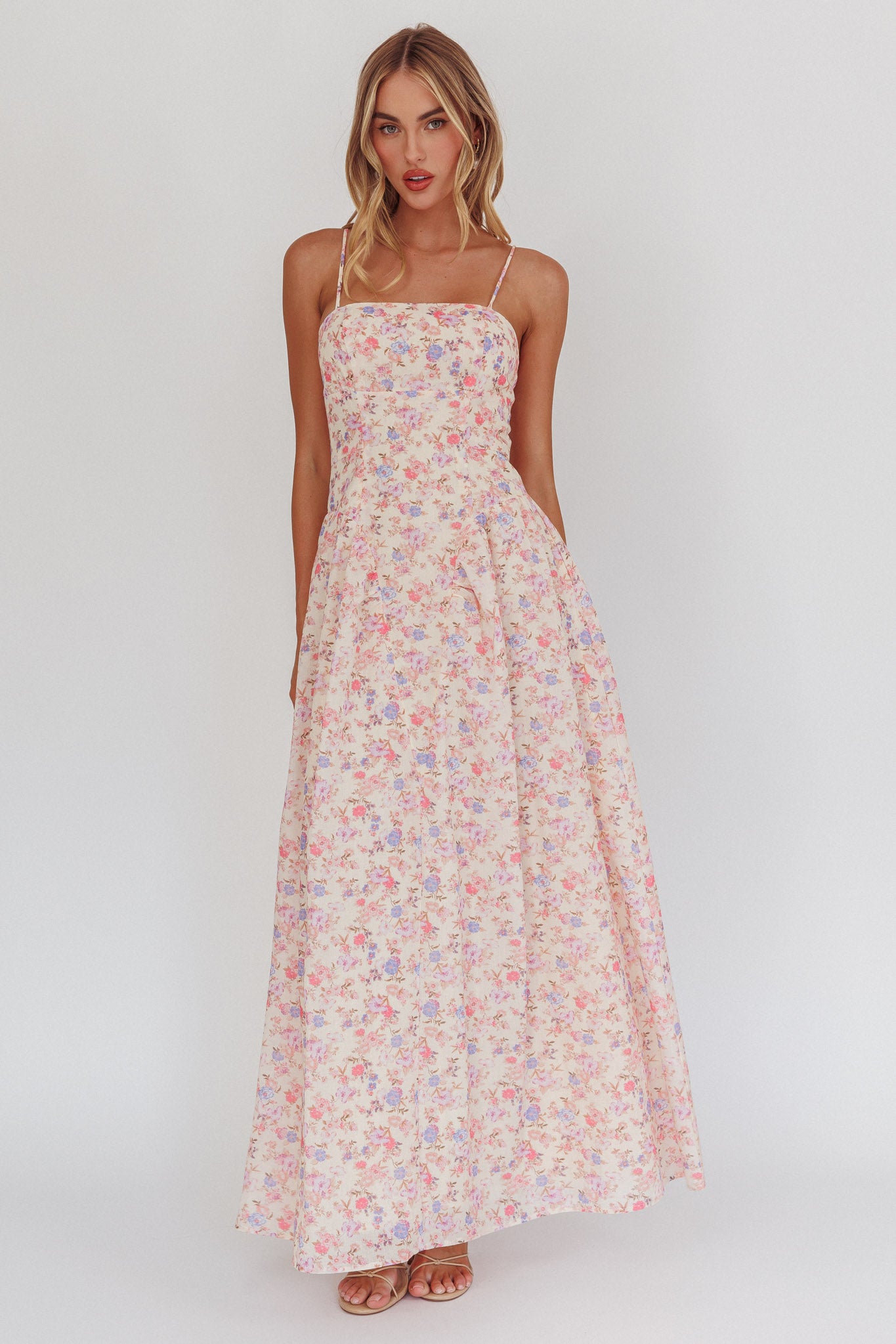 Daisy Day Basque Waist Maxi Dress Floral Blue by Selfie Leslie Australia