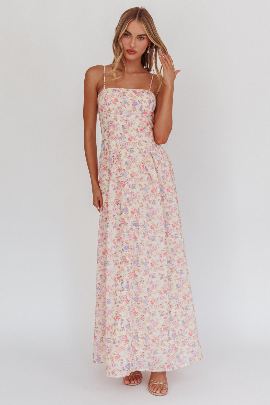 Daisy Day Basque Waist Maxi Dress Floral Blue by Selfie Leslie Australia